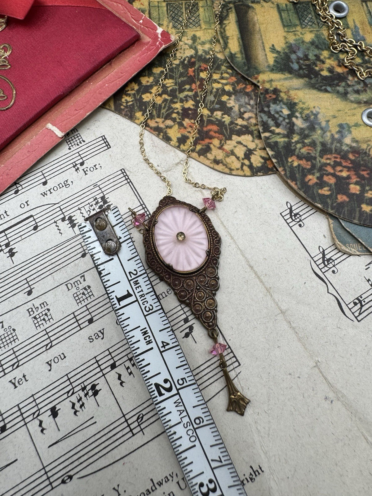 Vintage Pink Camphor Glass Pendant Necklace 20” Copper Goldtone
