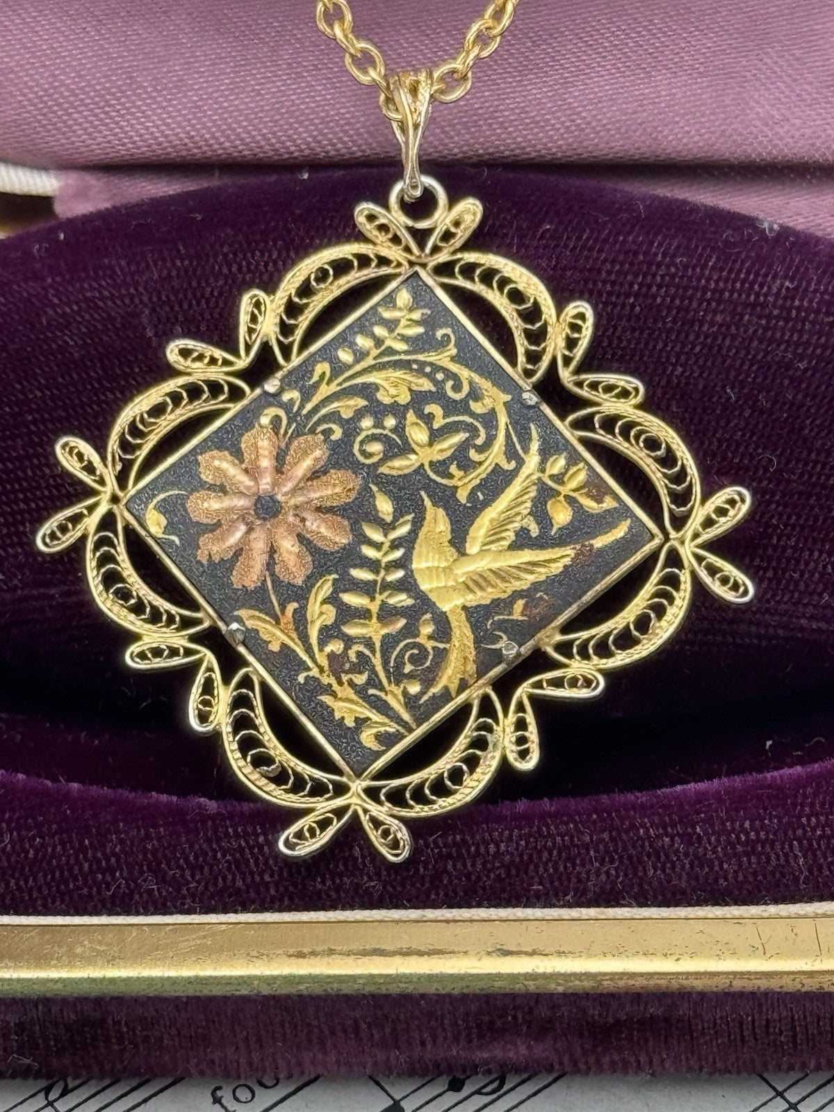 Vintage Damascene Bird Flower Filigree Ca.2” x 1.75” On 20” Goldtone Chain