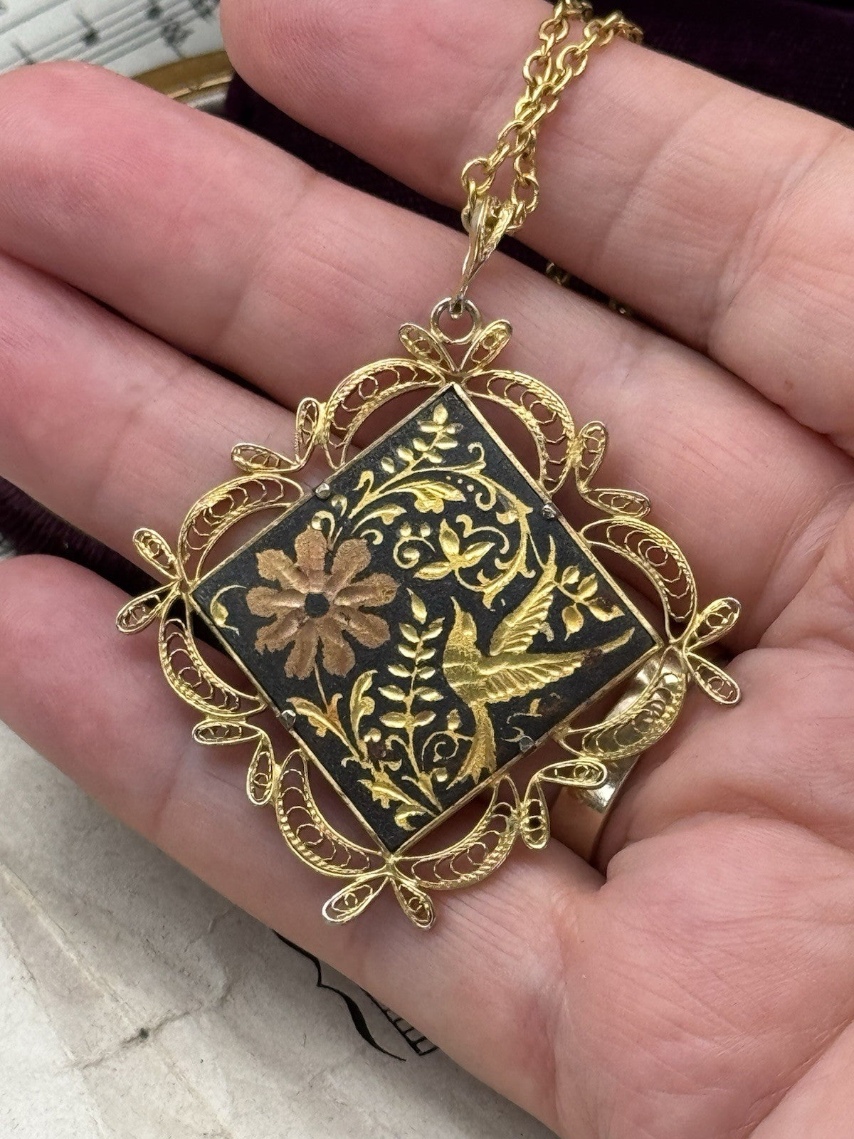 Vintage Damascene Bird Flower Filigree Ca.2” x 1.75” On 20” Goldtone Chain