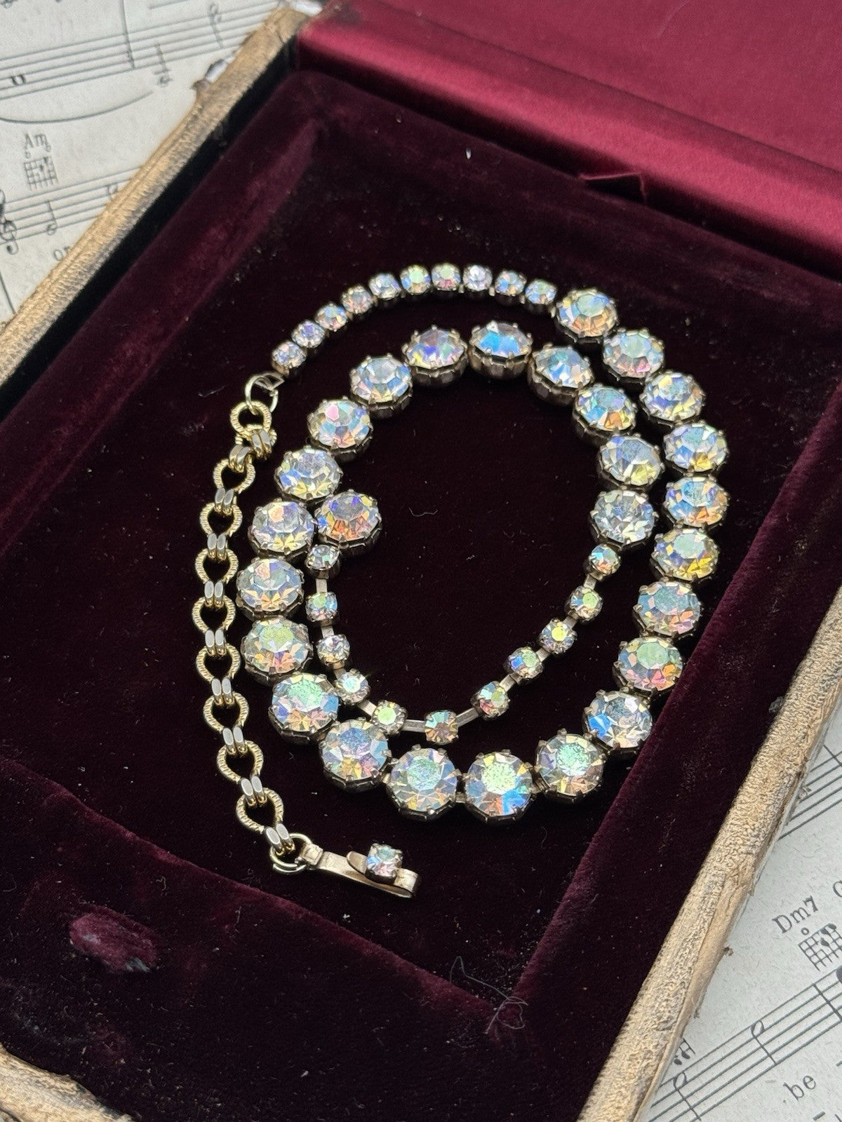 Vintage SIGNED WEISS Rhinestone AB Choker Necklace 17.5”l Hook Closure