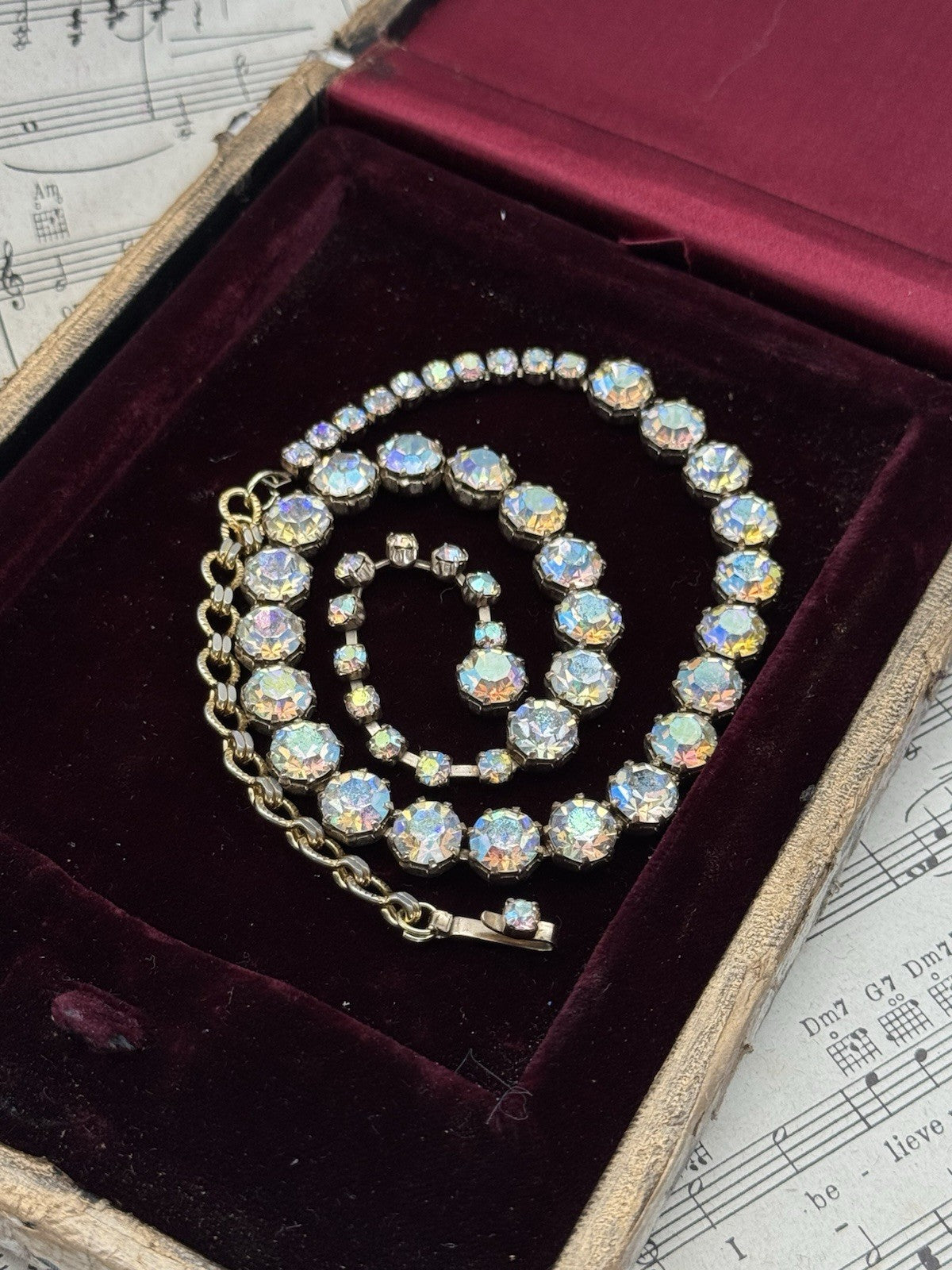 Vintage SIGNED WEISS Rhinestone AB Choker Necklace 17.5”l Hook Closure