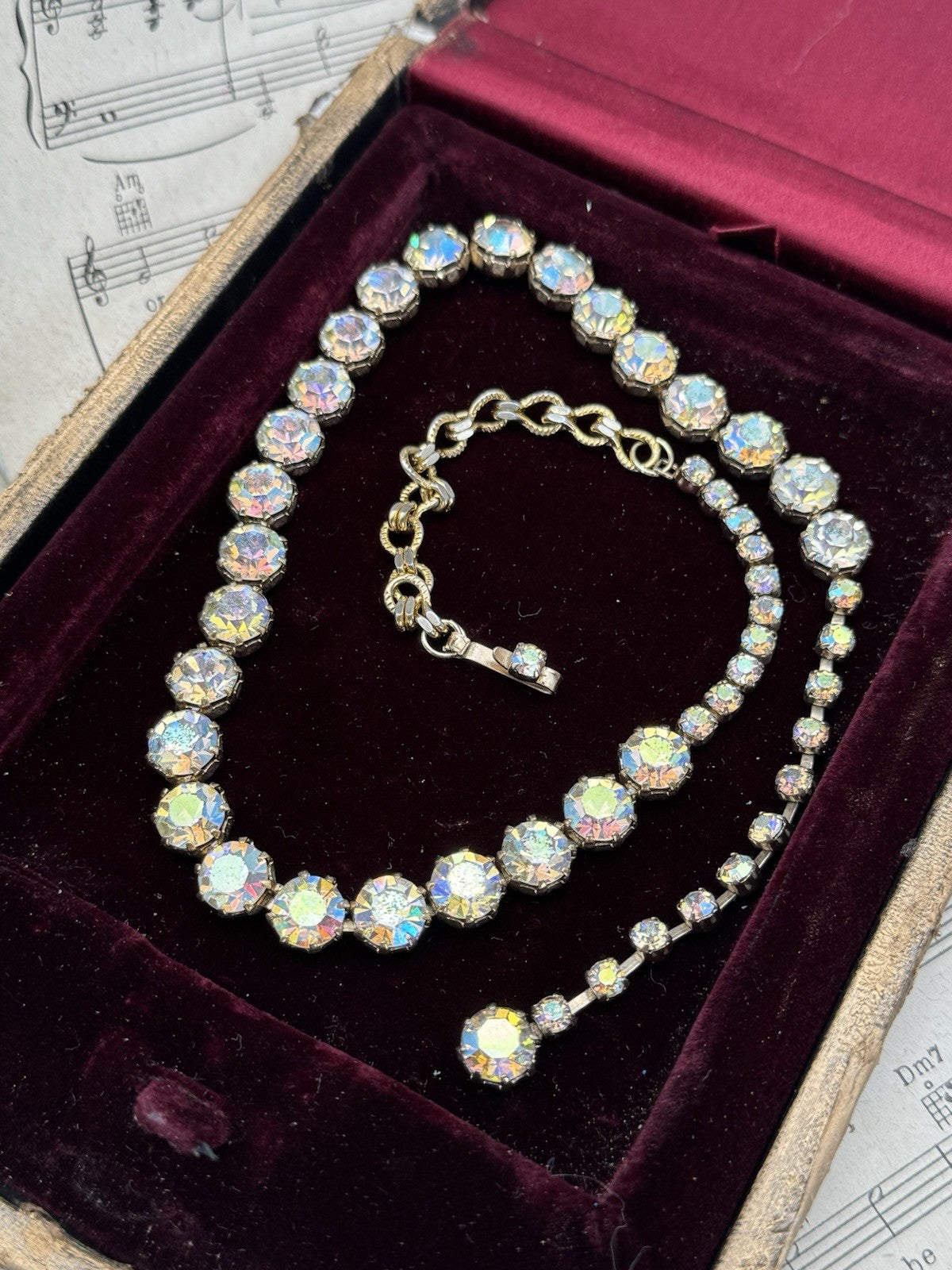 Vintage SIGNED WEISS Rhinestone AB Choker Necklace 17.5”l Hook Closure