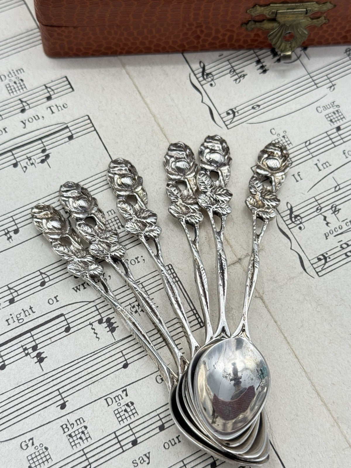 Set 6 Hildesheimer Rose 800 Silver Demitasse Spoons Germany w/ Original Box