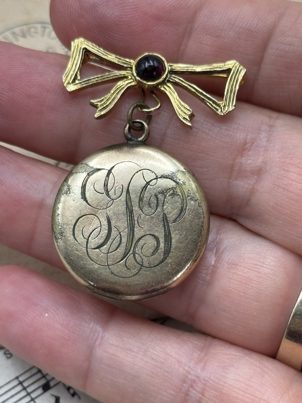 Antique Gold-Filled Locket Monogram w/Bow 925 Pin ESTATE FIND