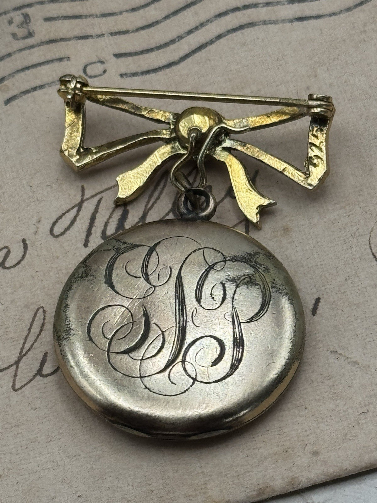 Antique Gold-Filled Locket Monogram w/Bow 925 Pin ESTATE FIND