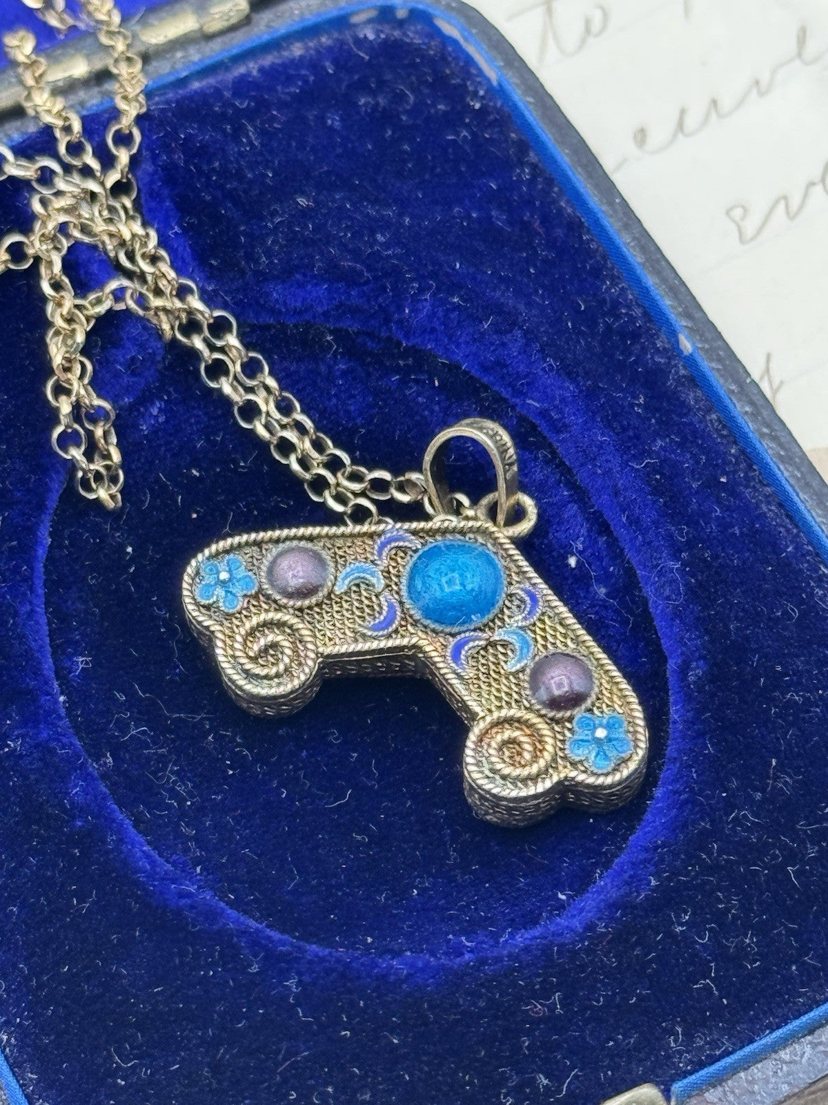Silver Enameled Antique Gold Tone Charm 925 Gold Plated Necklace 18” Chain