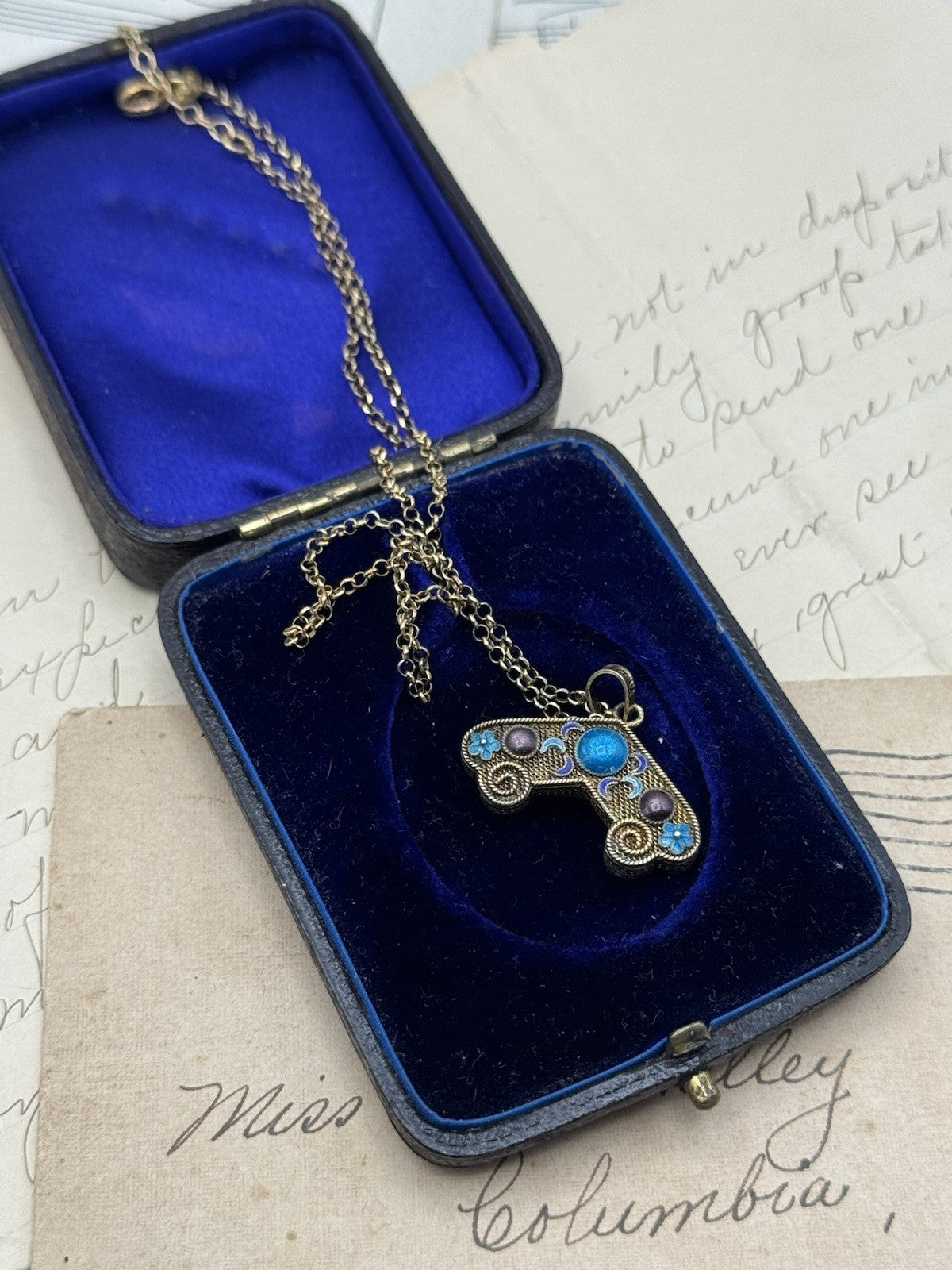 Silver Enameled Antique Gold Tone Charm 925 Gold Plated Necklace 18” Chain