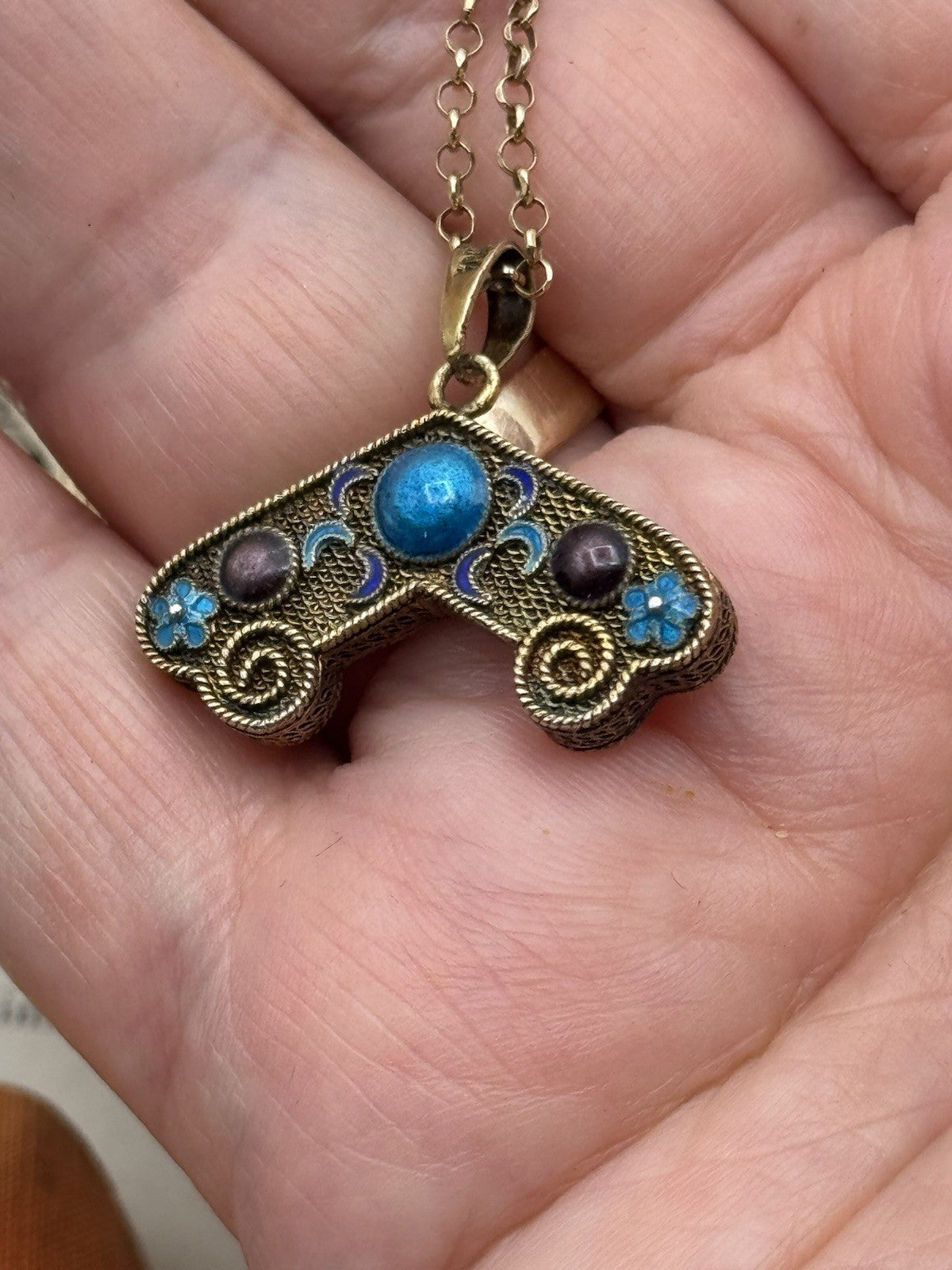 Silver Enameled Antique Gold Tone Charm 925 Gold Plated Necklace 18” Chain