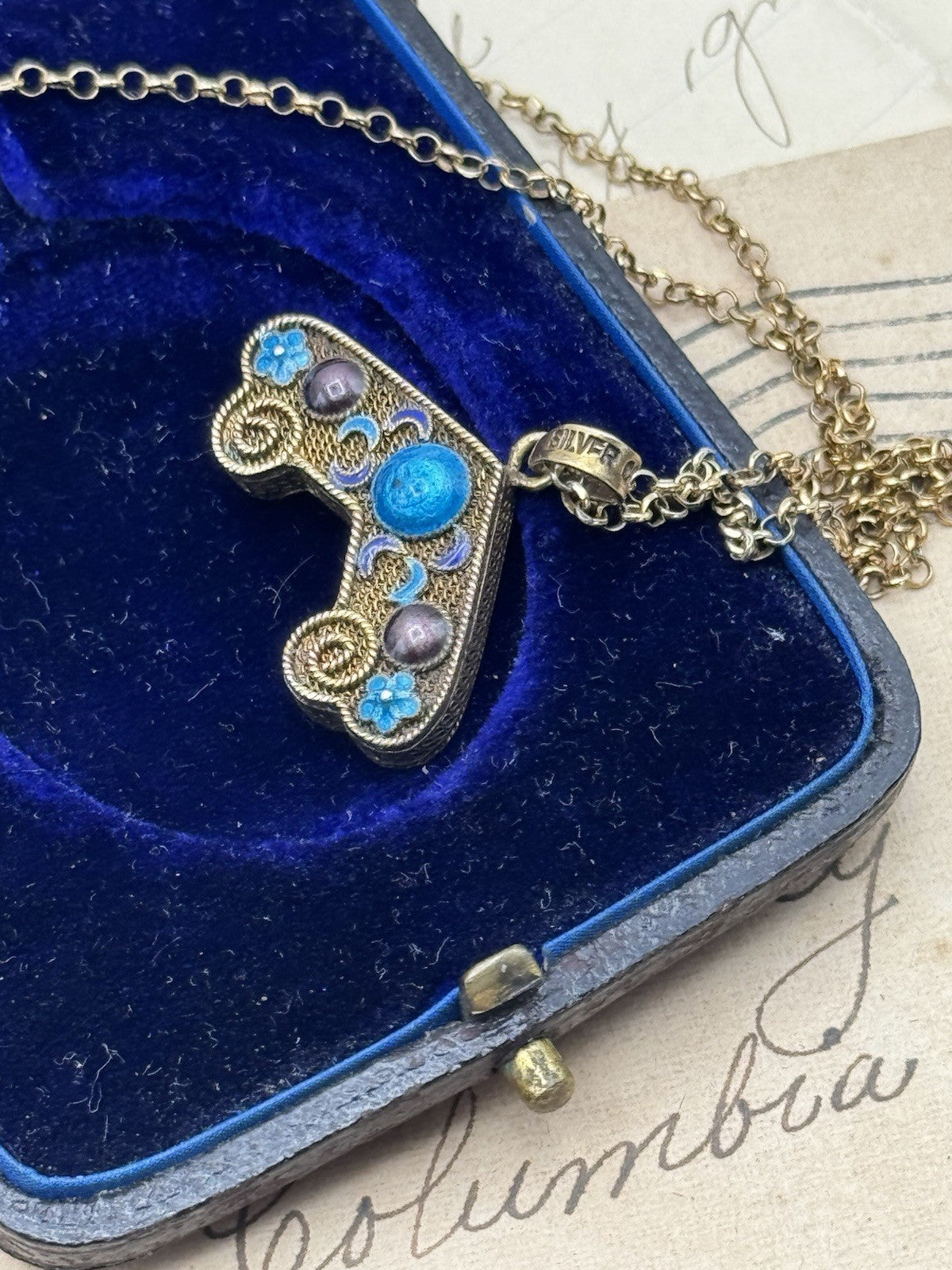 Silver Enameled Antique Gold Tone Charm 925 Gold Plated Necklace 18” Chain