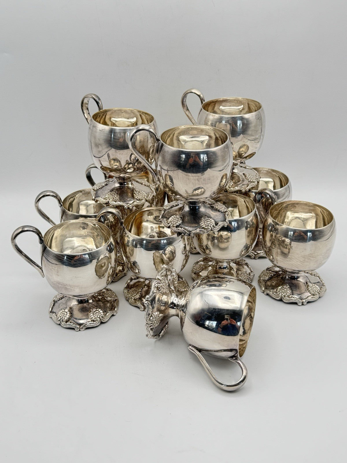 Vintage - 12 Silverplate Handled Punchbowl Cups Repousse Pattern on Feet