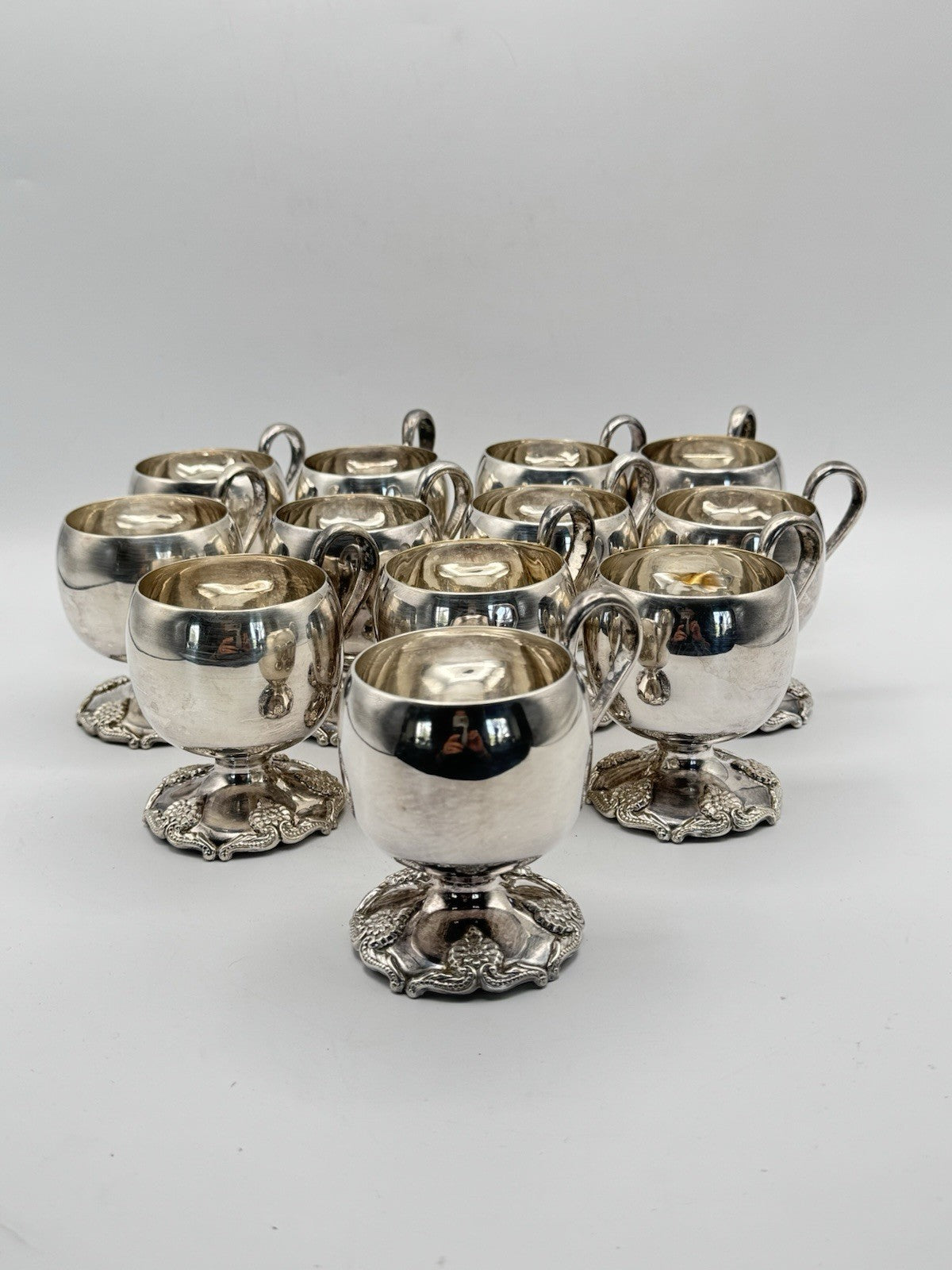 Vintage - 12 Silverplate Handled Punchbowl Cups Repousse Pattern on Feet