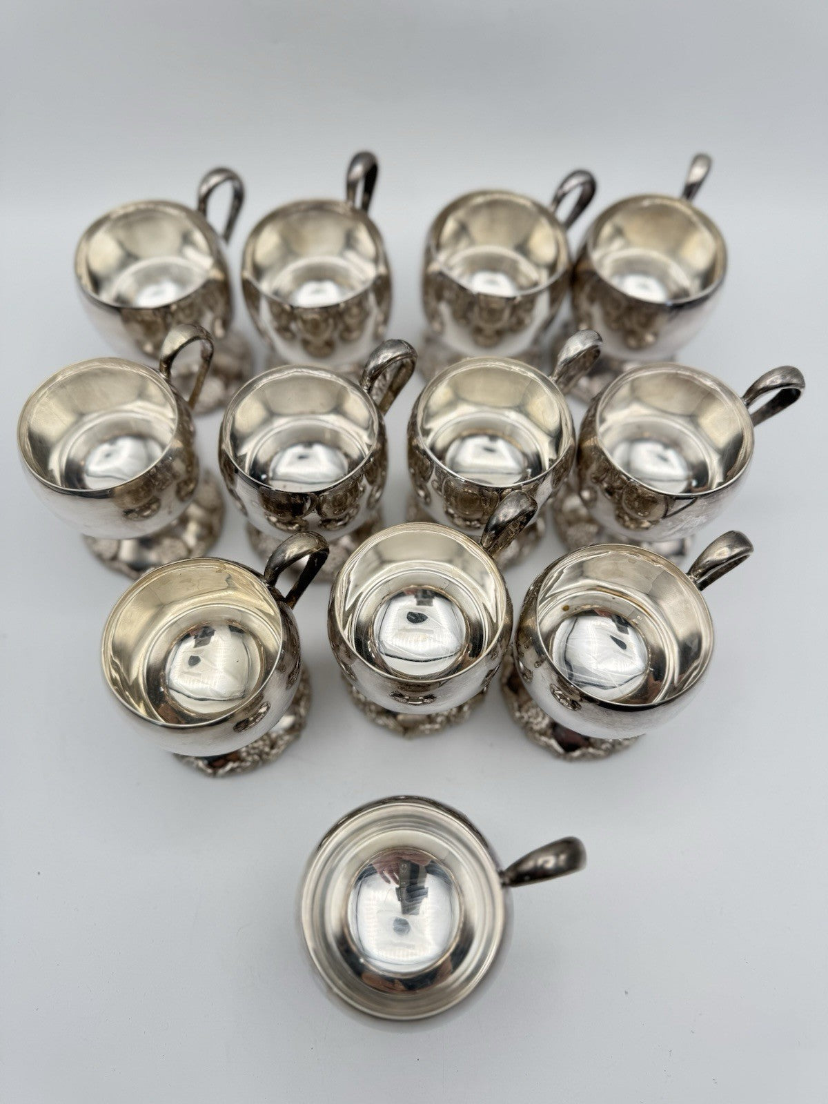Vintage - 12 Silverplate Handled Punchbowl Cups Repousse Pattern on Feet