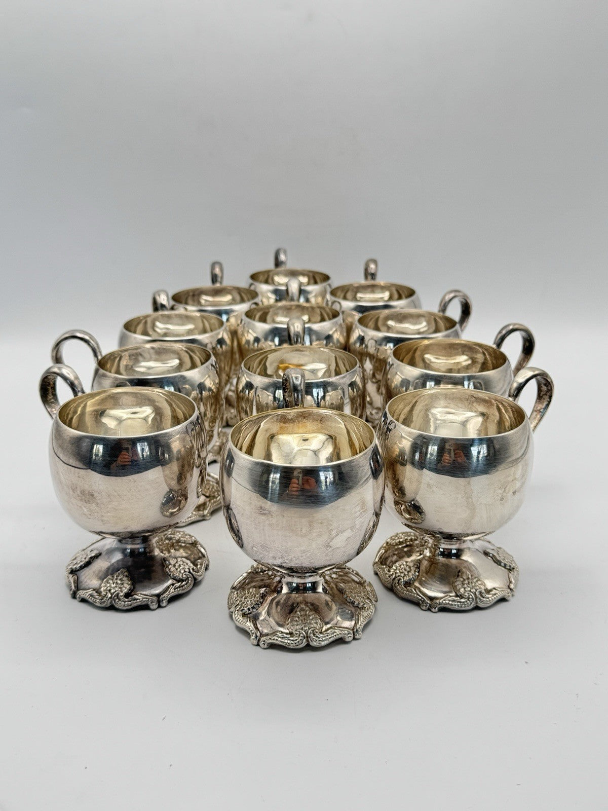Vintage - 12 Silverplate Handled Punchbowl Cups Repousse Pattern on Feet