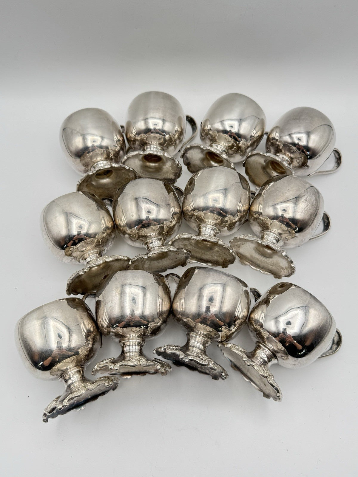 Vintage - 12 Silverplate Handled Punchbowl Cups Repousse Pattern on Feet