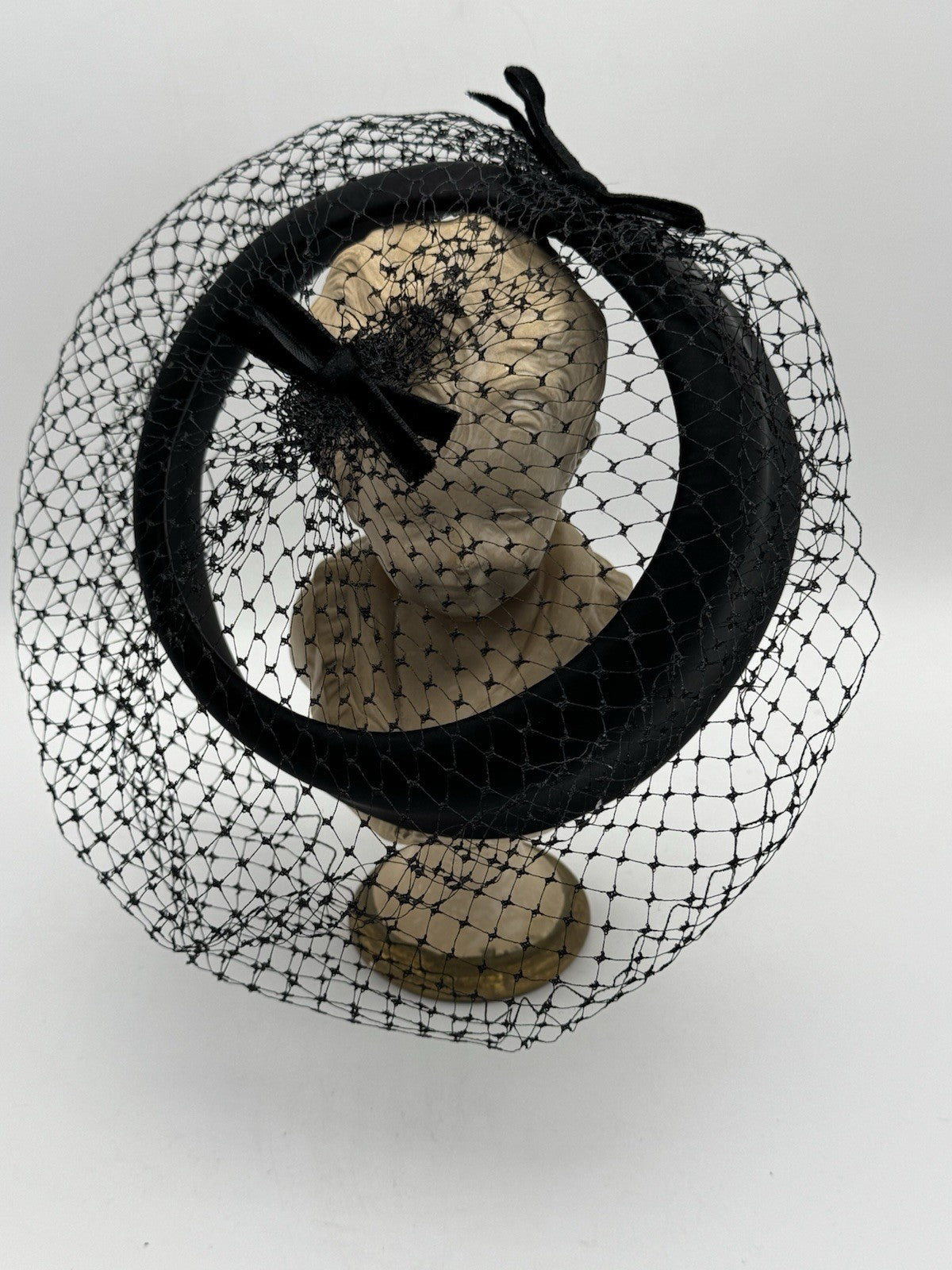 Vintage Black Satin Velvet Bow Veil HAT FACINATOR Open Crown 7” Hat Rim