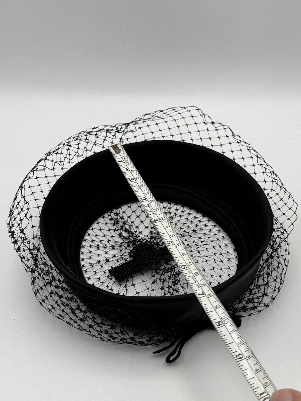 Vintage Black Satin Velvet Bow Veil HAT FACINATOR Open Crown 7” Hat Rim