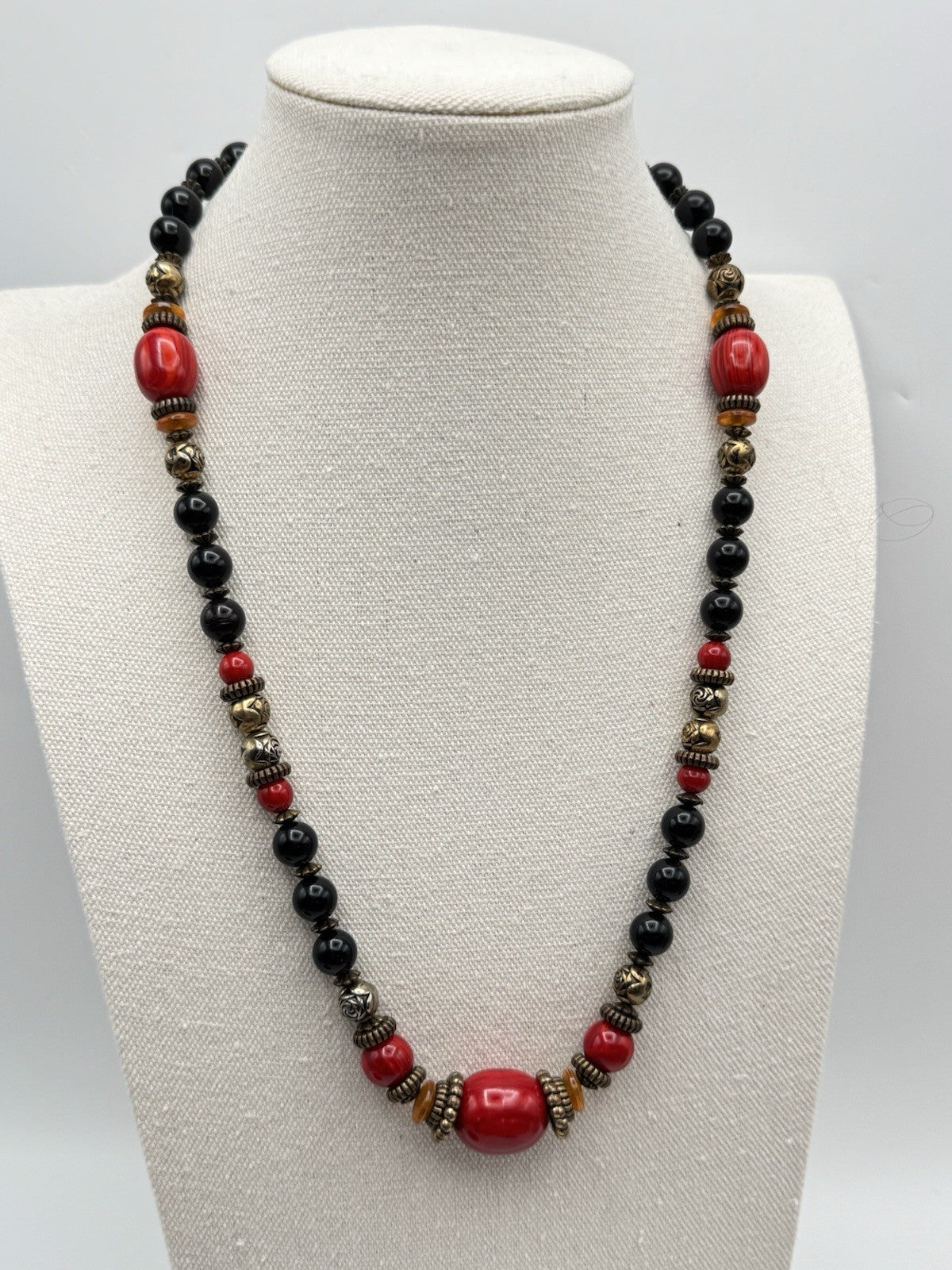 VINTAGE Mixed Media Bead Necklace Black Red Bronze Tones 25”l
