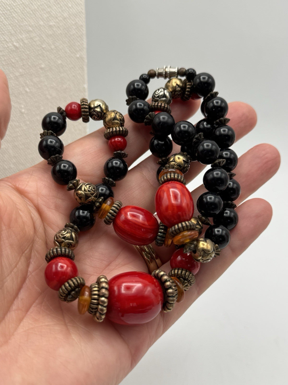 VINTAGE Mixed Media Bead Necklace Black Red Bronze Tones 25”l