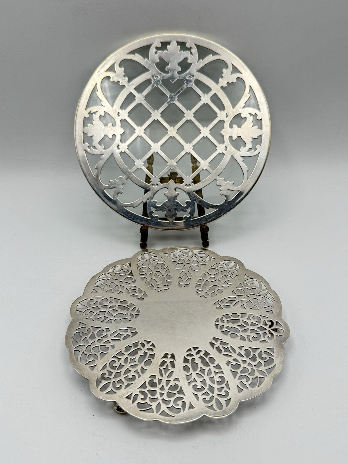 VINTAGE Set of 2 Silverplate Trivets Reticulated ESTATE FIND 7” & 6.5”