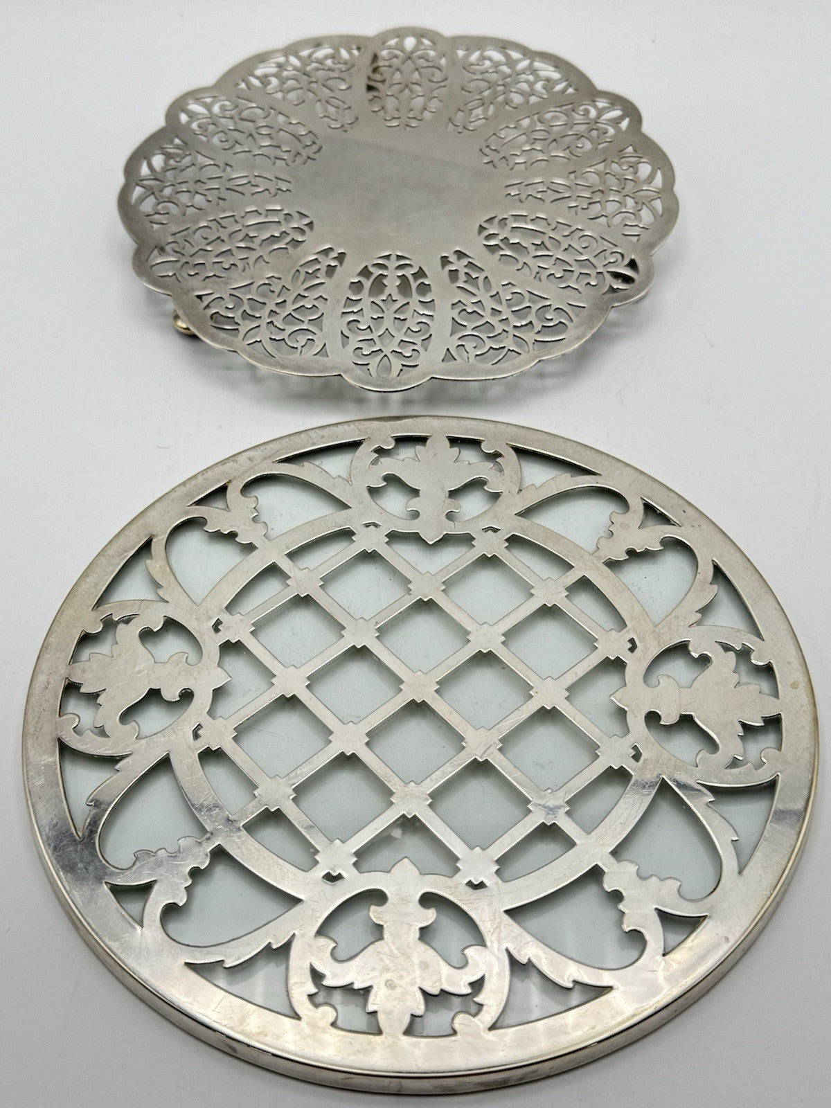 VINTAGE Set of 2 Silverplate Trivets Reticulated ESTATE FIND 7” & 6.5”