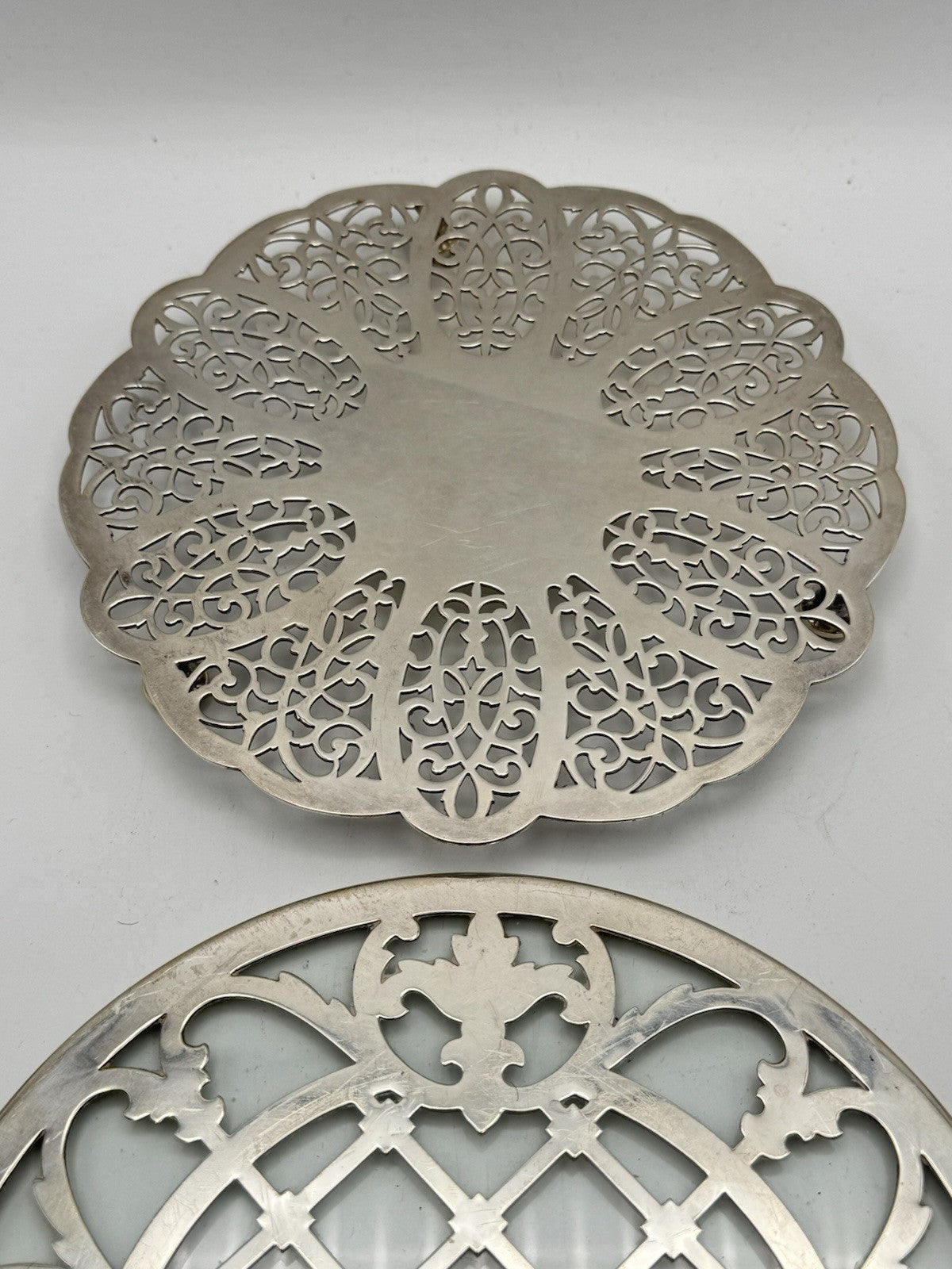 VINTAGE Set of 2 Silverplate Trivets Reticulated ESTATE FIND 7” & 6.5”