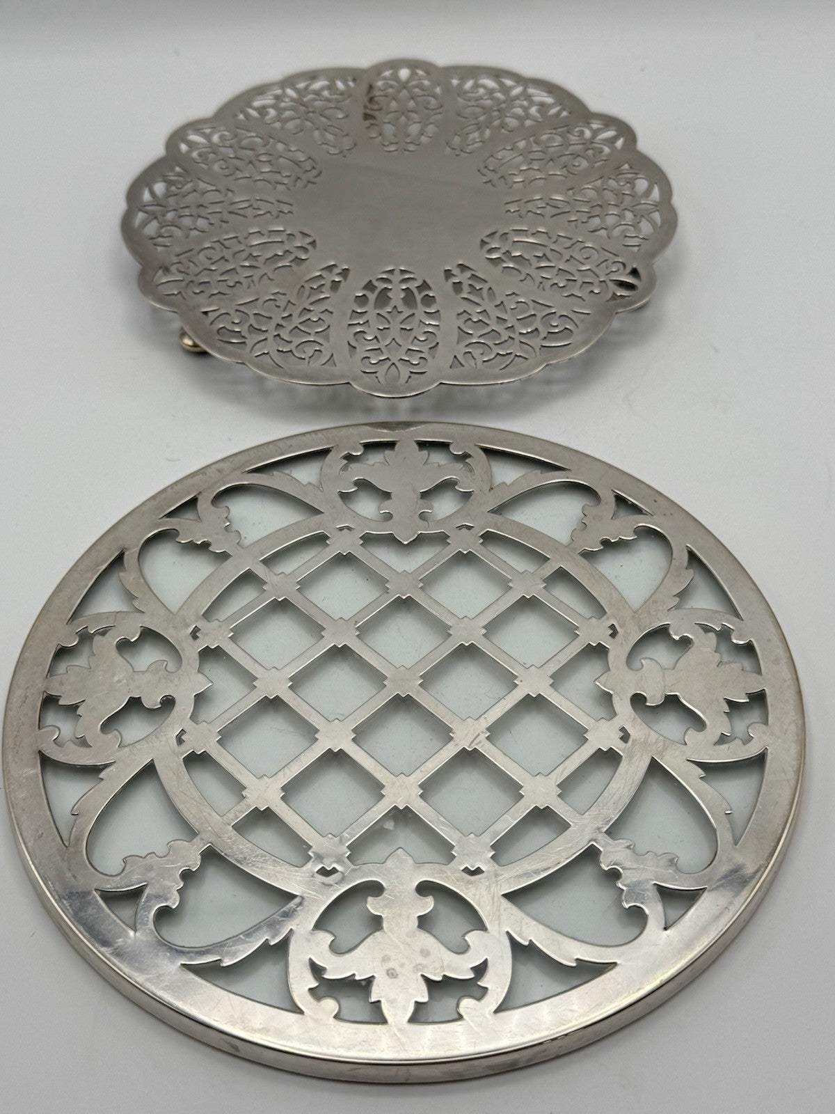 VINTAGE Set of 2 Silverplate Trivets Reticulated ESTATE FIND 7” & 6.5”