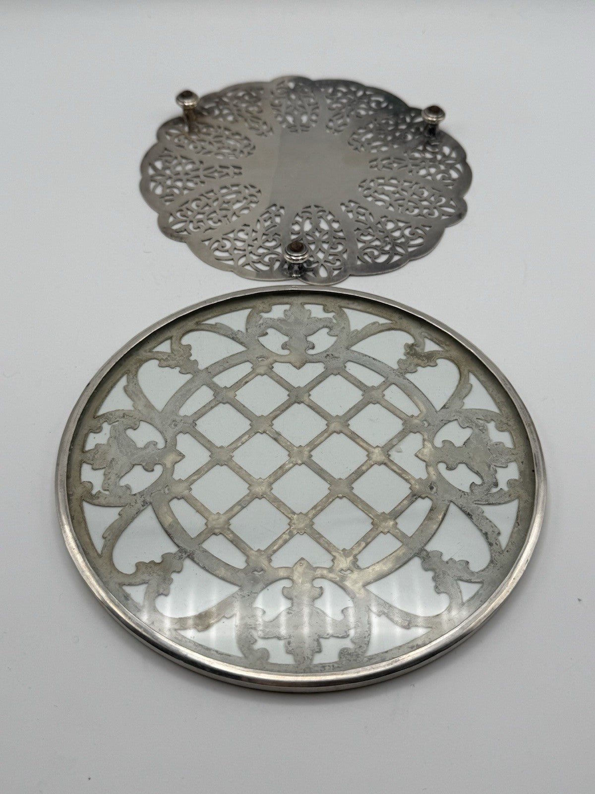 VINTAGE Set of 2 Silverplate Trivets Reticulated ESTATE FIND 7” & 6.5”