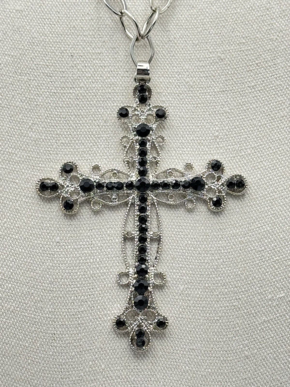 Vintage Large Cross Black Rhinestone 60” Silvertone Chain Necklace ESTATE FIND