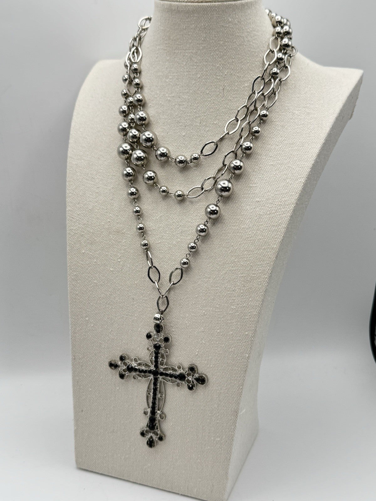 Vintage Large Cross Black Rhinestone 60” Silvertone Chain Necklace ESTATE FIND