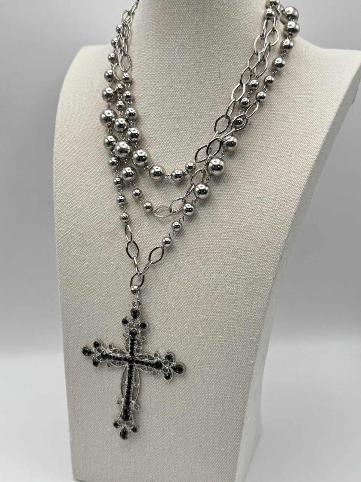 Vintage Large Cross Black Rhinestone 60” Silvertone Chain Necklace ESTATE FIND