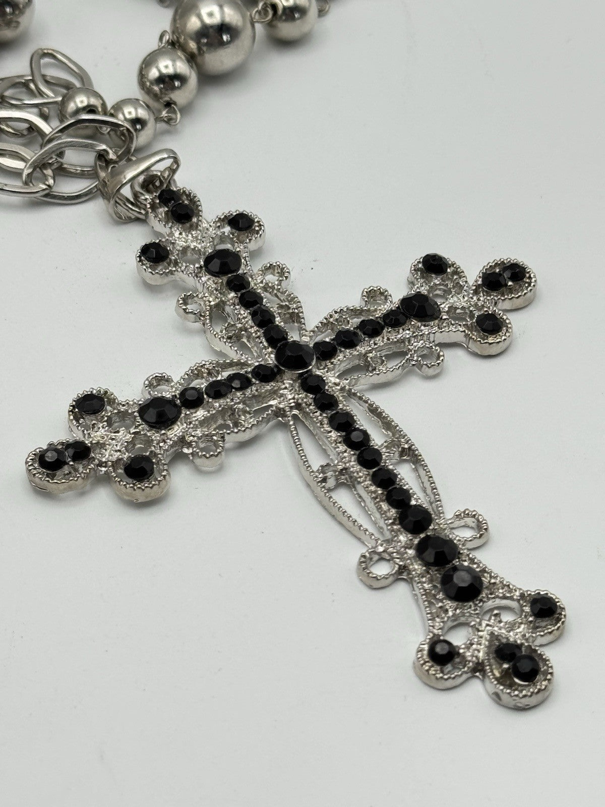 Vintage Large Cross Black Rhinestone 60” Silvertone Chain Necklace ESTATE FIND
