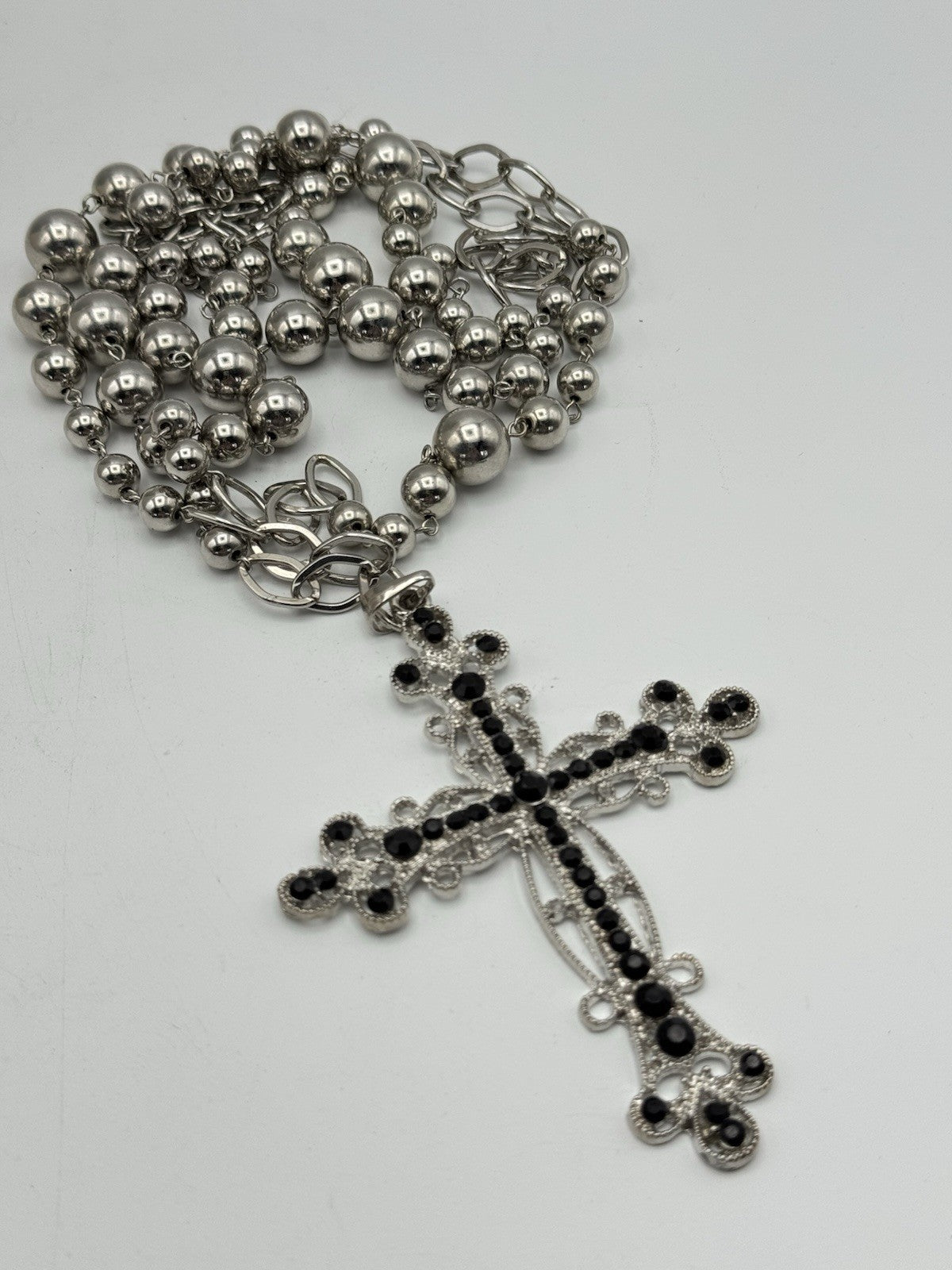 Vintage Large Cross Black Rhinestone 60” Silvertone Chain Necklace ESTATE FIND