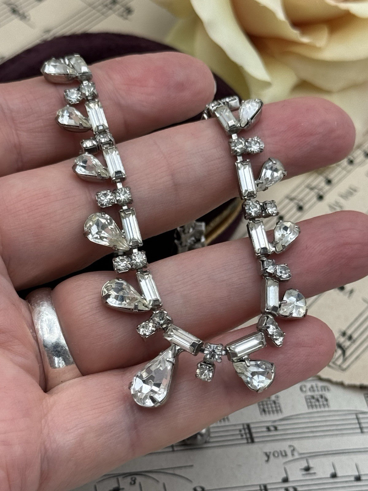 Vintage Clear Rhinestone Necklace Hook Closure Extended 17”
