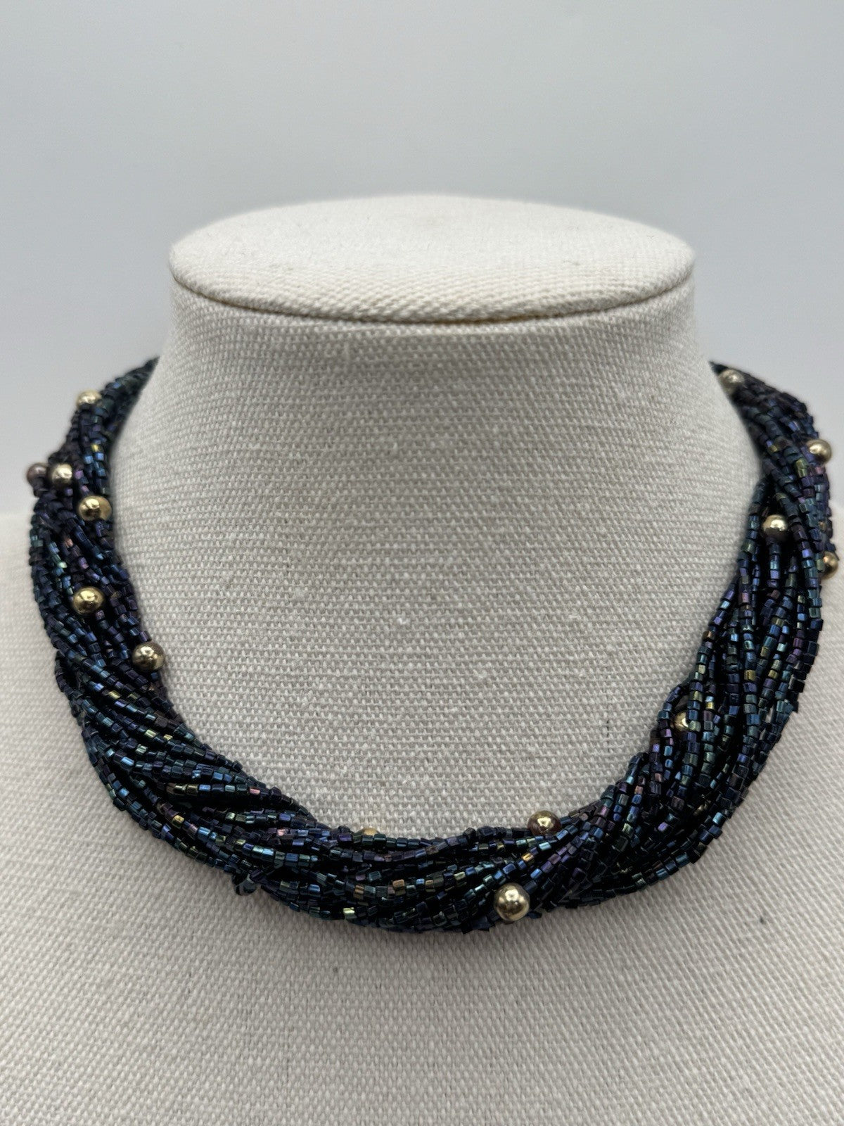 Vintage Midnight Blue Beaded Choker Necklace Goldtone Accents 15”l
