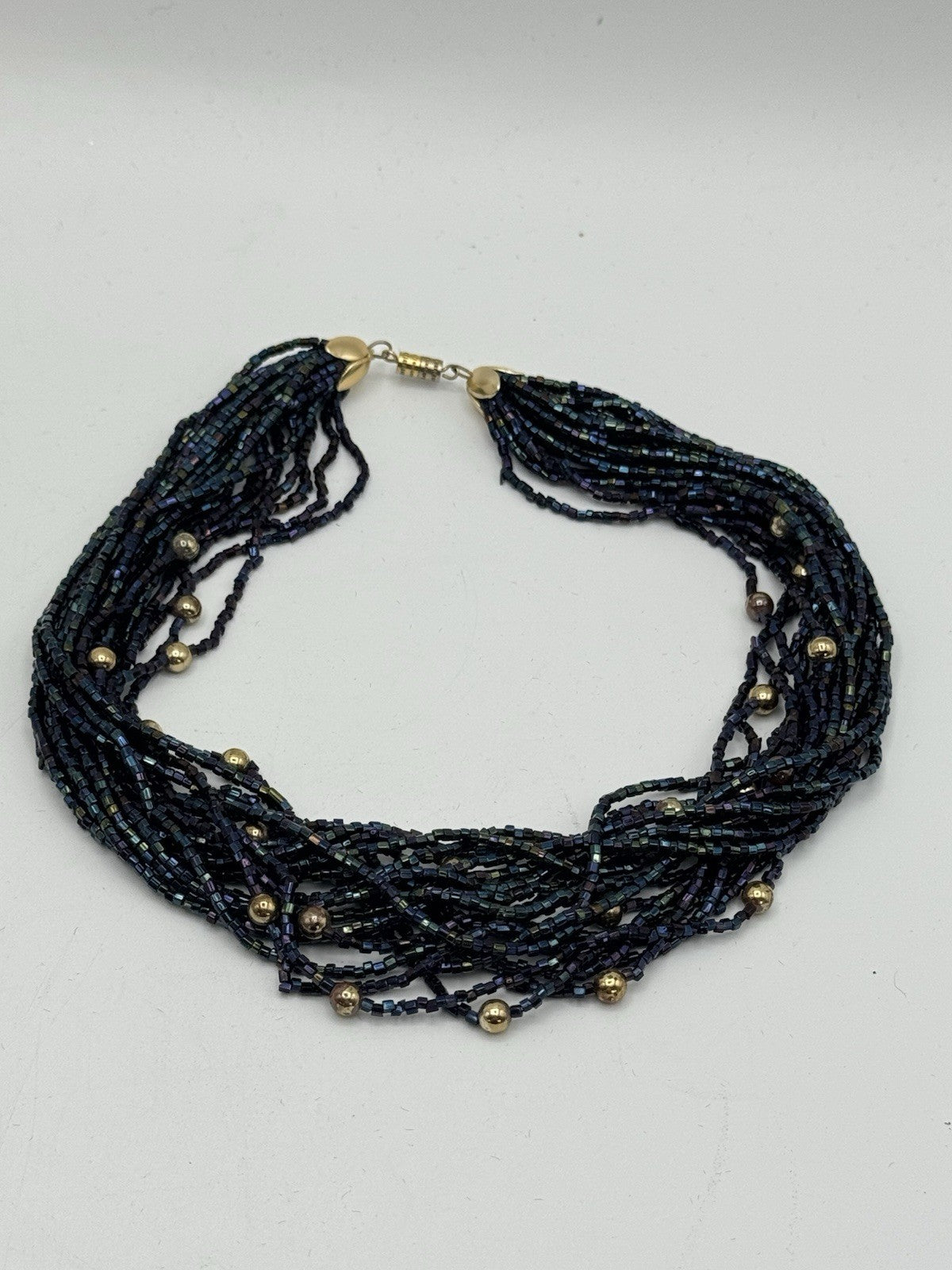 Vintage Midnight Blue Beaded Choker Necklace Goldtone Accents 15”l