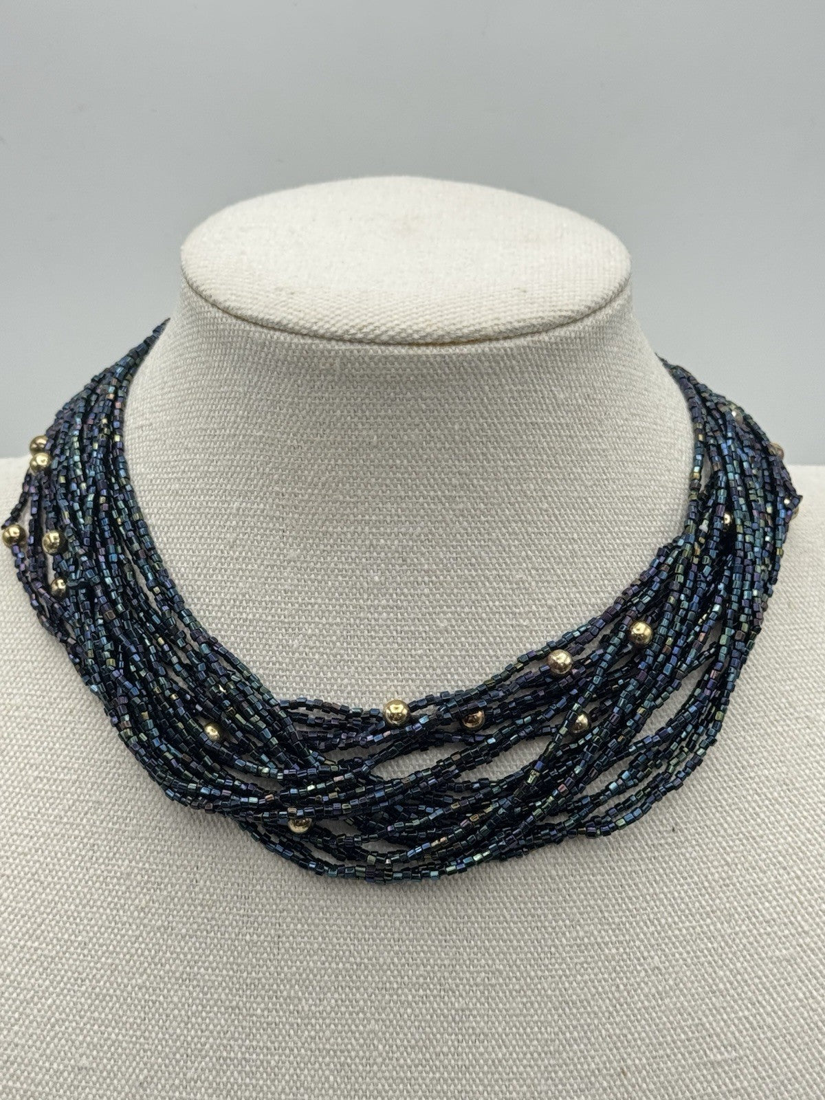 Vintage Midnight Blue Beaded Choker Necklace Goldtone Accents 15”l