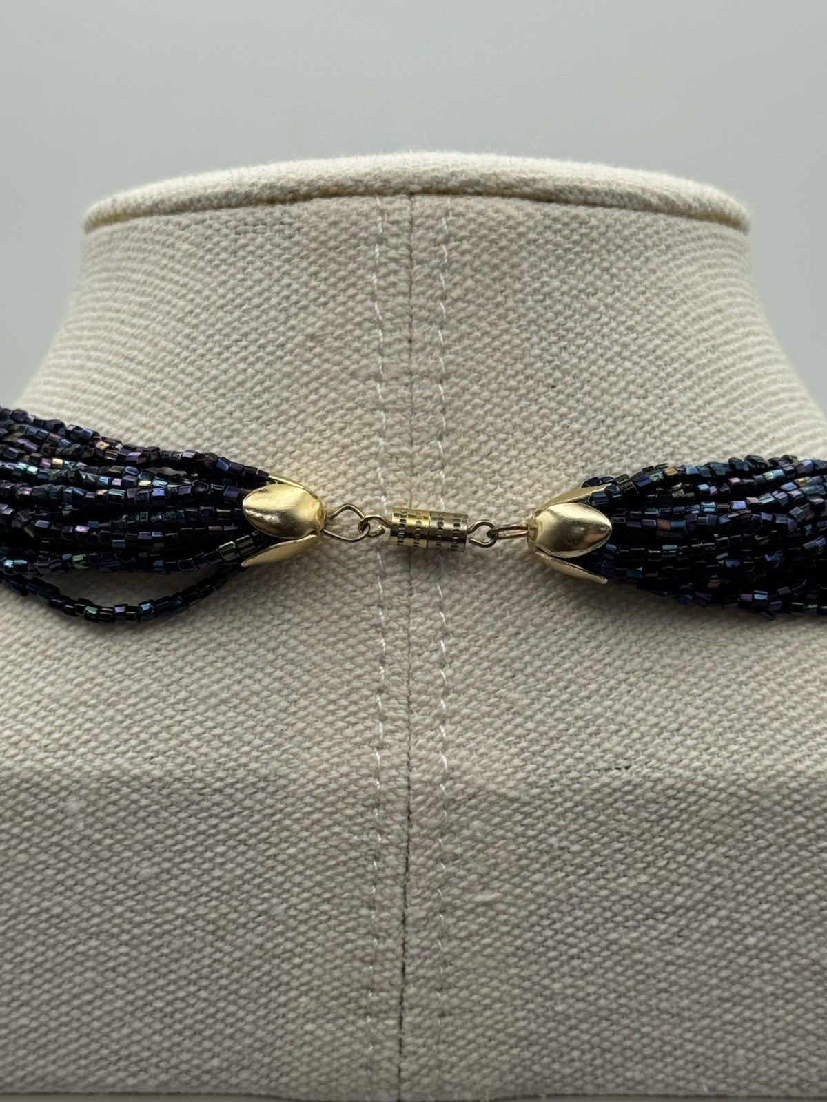 Vintage Midnight Blue Beaded Choker Necklace Goldtone Accents 15”l