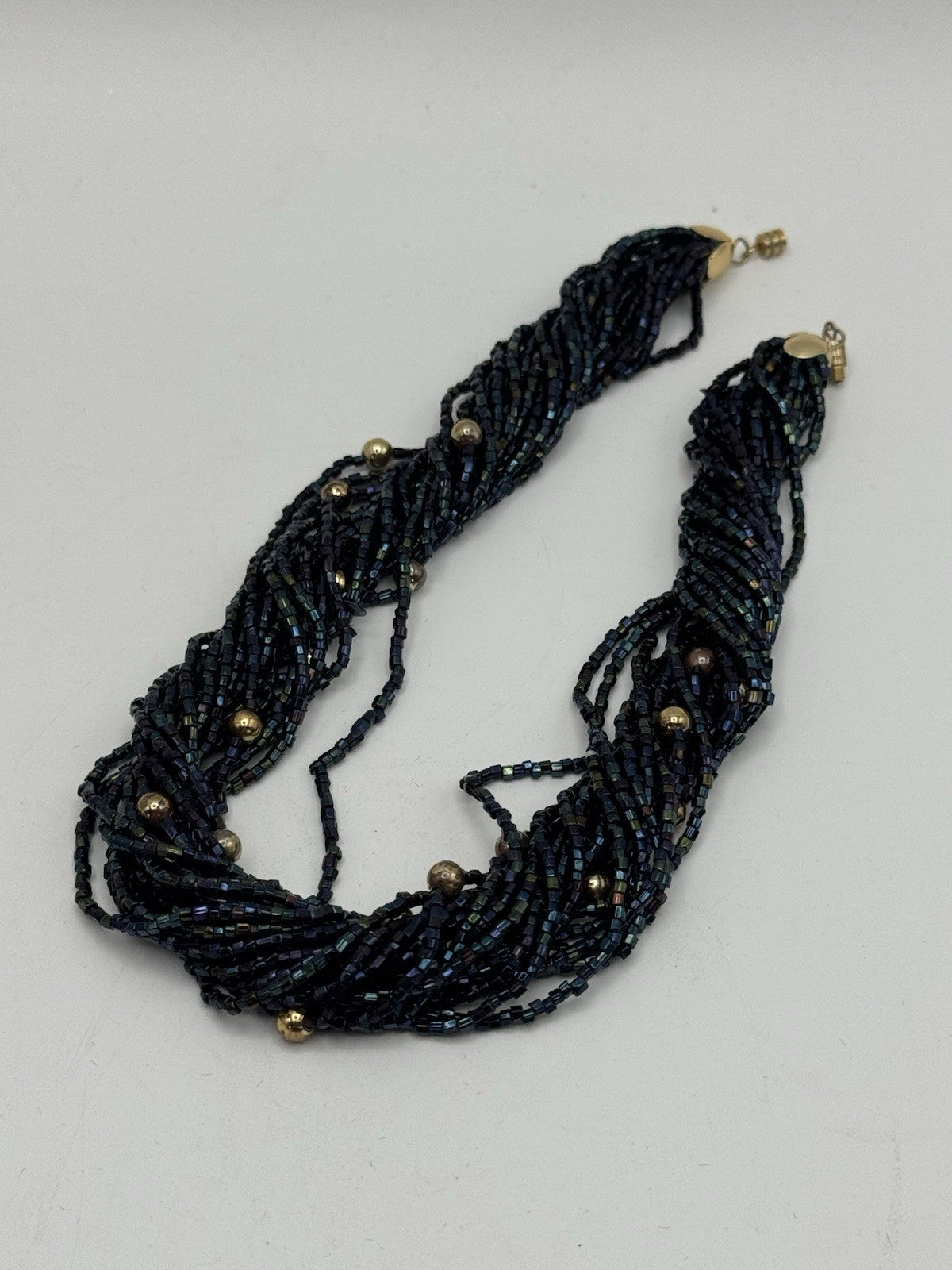 Vintage Midnight Blue Beaded Choker Necklace Goldtone Accents 15”l