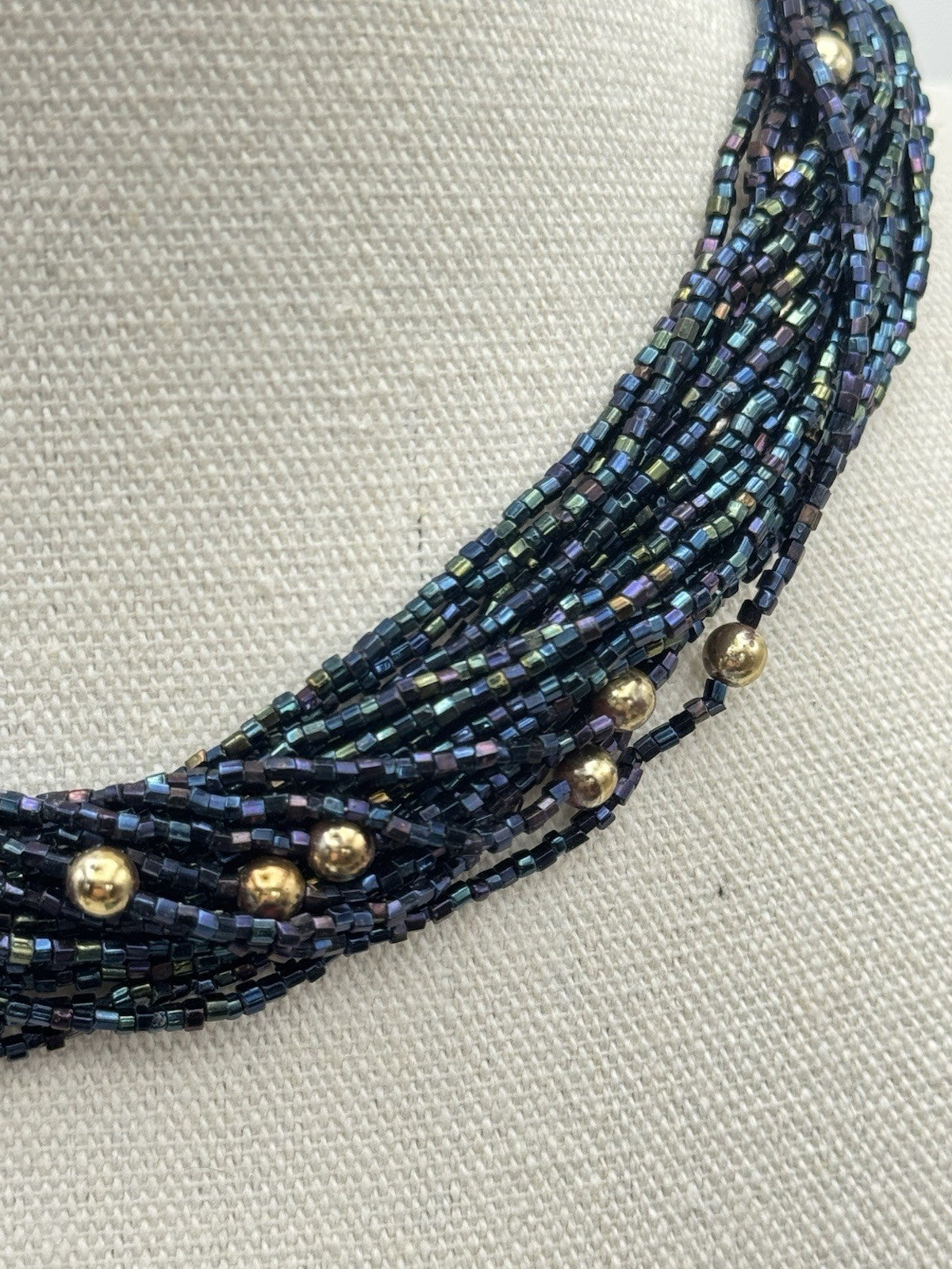 Vintage Midnight Blue Beaded Choker Necklace Goldtone Accents 15”l