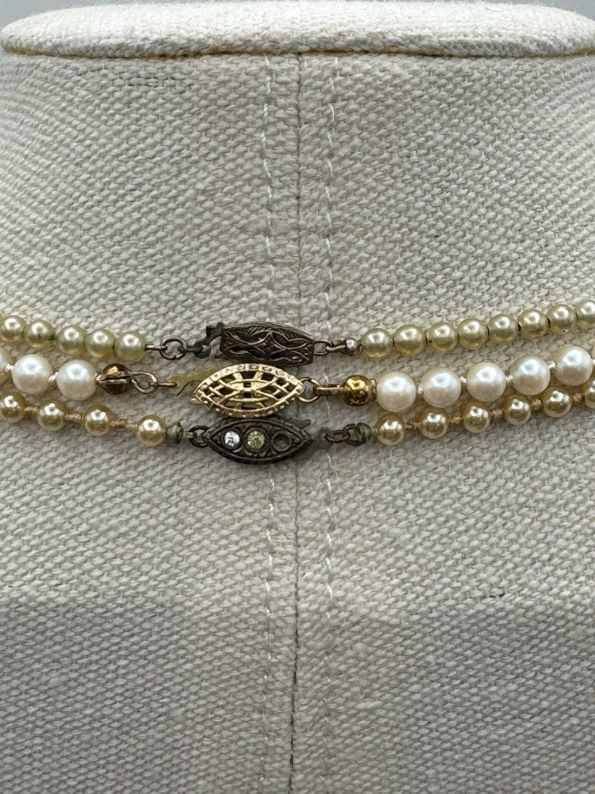 Lot Of 3 Faux Pearl Necklaces VINTAGE Green White Goldtone 15”-18”l ESTATE FIND