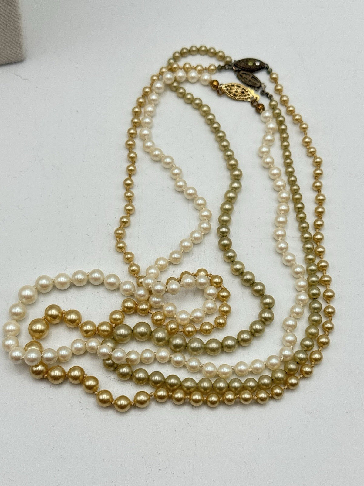 Lot Of 3 Faux Pearl Necklaces VINTAGE Green White Goldtone 15”-18”l ESTATE FIND