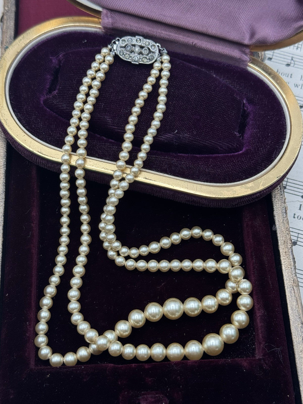Vintage ART DECO Signed Marvella Faux Pearl Necklace Double Strand Goldtone 14.5”