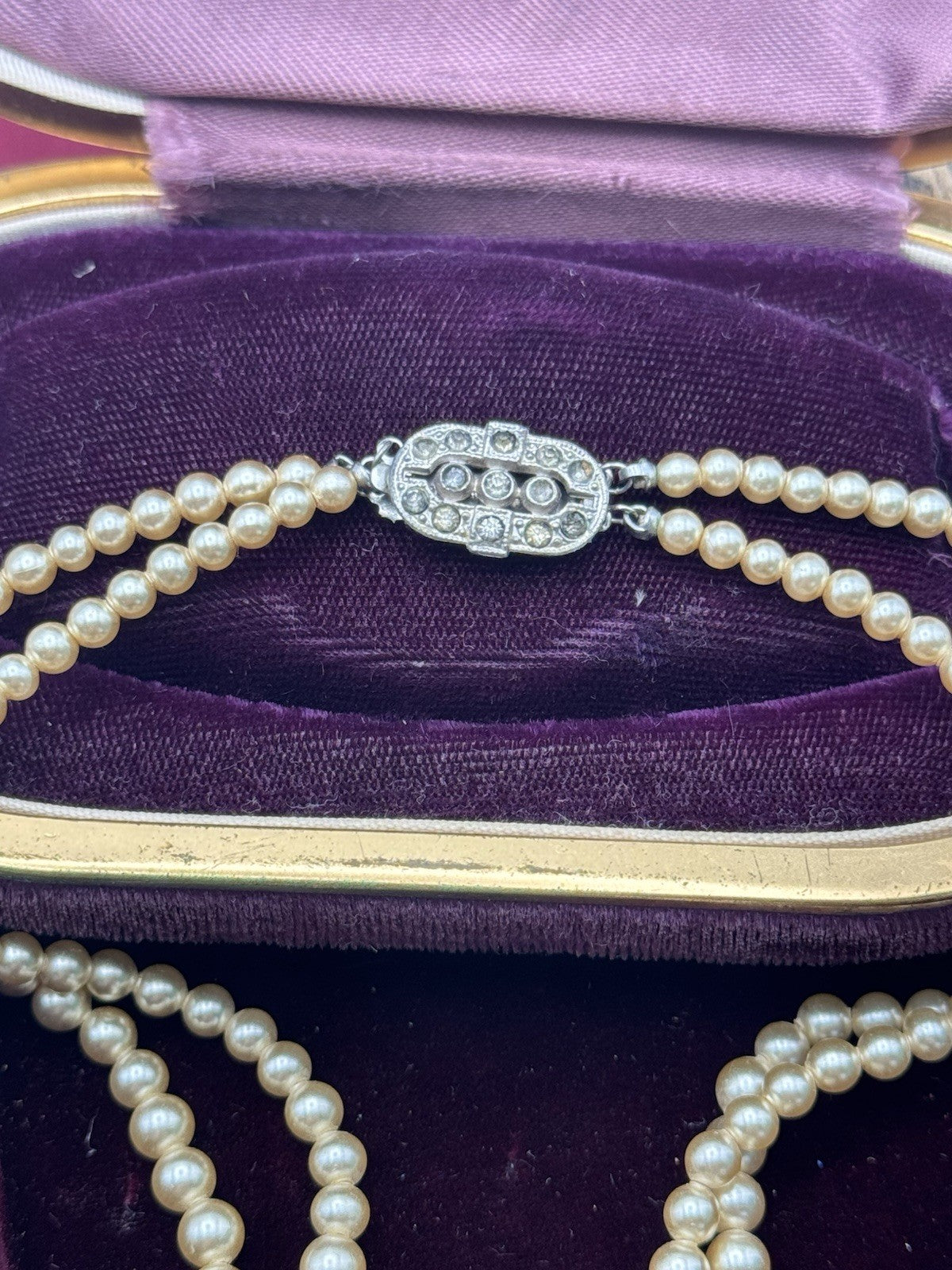Vintage ART DECO Signed Marvella Faux Pearl Necklace Double Strand Goldtone 14.5”