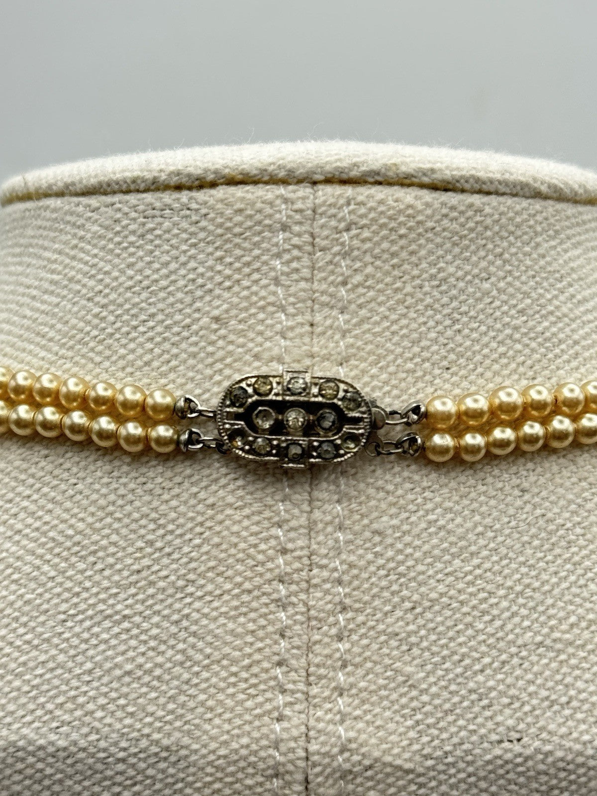 Vintage ART DECO Signed Marvella Faux Pearl Necklace Double Strand Goldtone 14.5”