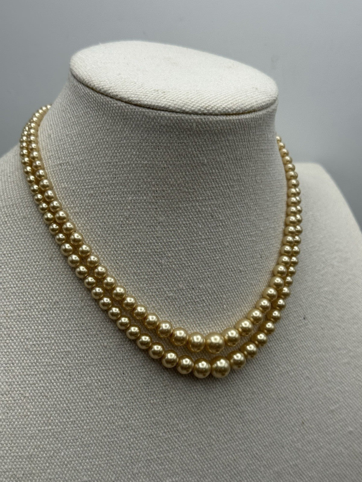Vintage ART DECO Signed Marvella Faux Pearl Necklace Double Strand Goldtone 14.5”