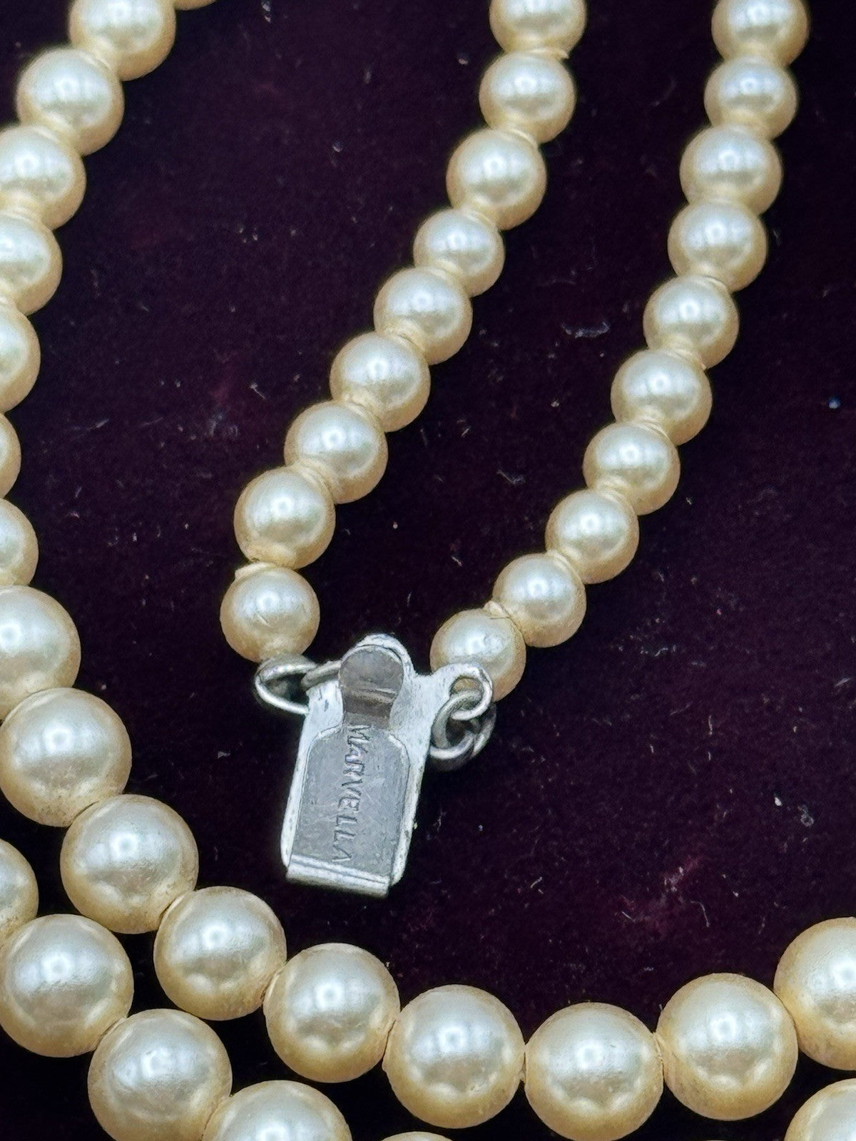 Vintage ART DECO Signed Marvella Faux Pearl Necklace Double Strand Goldtone 14.5”
