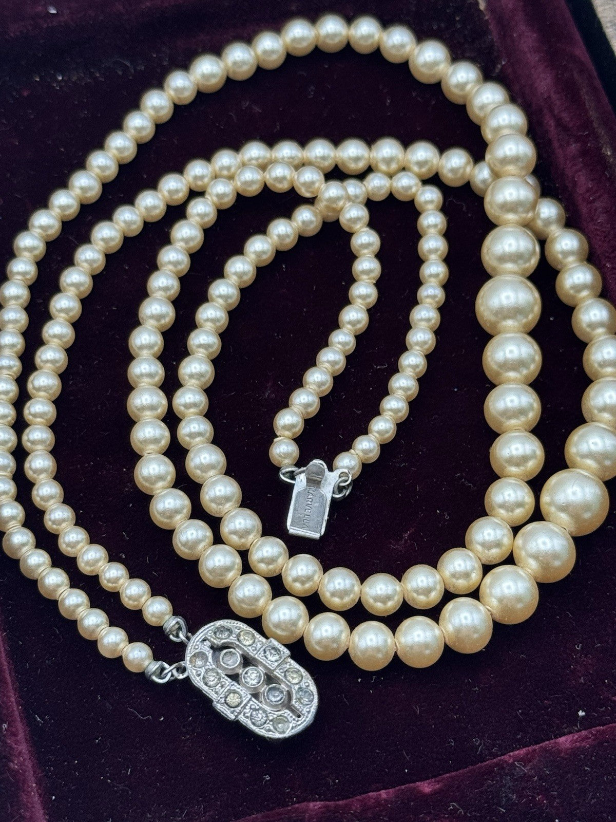 Vintage ART DECO Signed Marvella Faux Pearl Necklace Double Strand Goldtone 14.5”