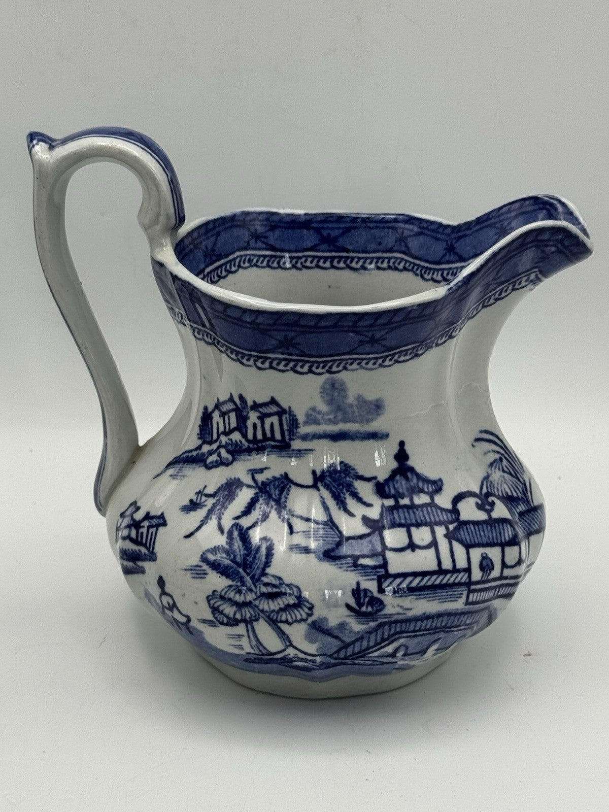 Vintage Blue & White Pagoda Pattern Jug Pitcher 6.25”h ESTATE FIND