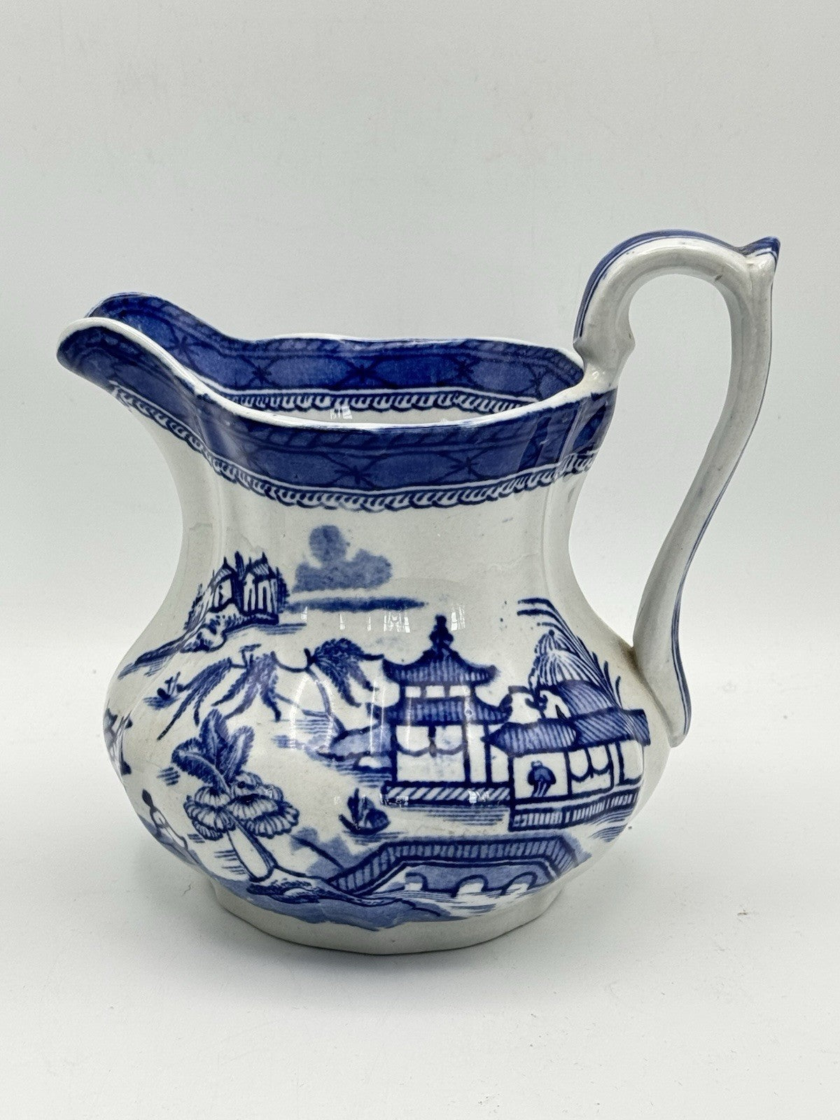 Vintage Blue & White Pagoda Pattern Jug Pitcher 6.25”h ESTATE FIND