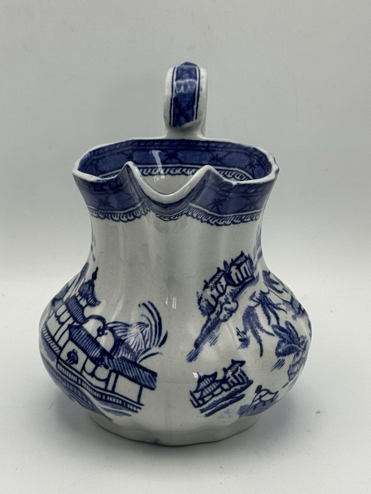 Vintage Blue & White Pagoda Pattern Jug Pitcher 6.25”h ESTATE FIND